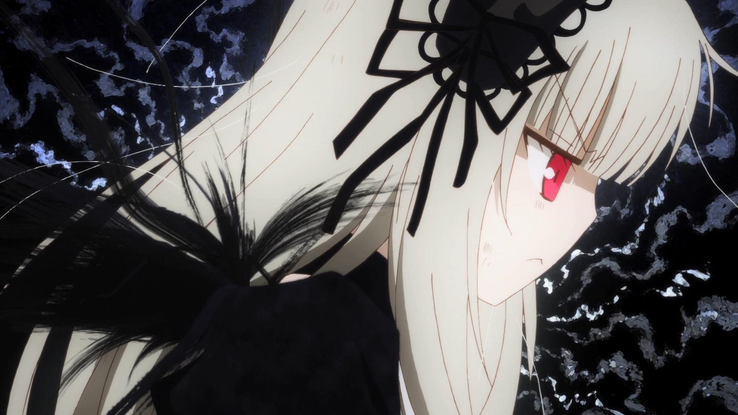 1girl bangs black_dress black_ribbon closed_mouth dress eyebrows_visible_through_hair hairband image long_hair long_sleeves looking_away profile red_eyes ribbon solo suigintou tears