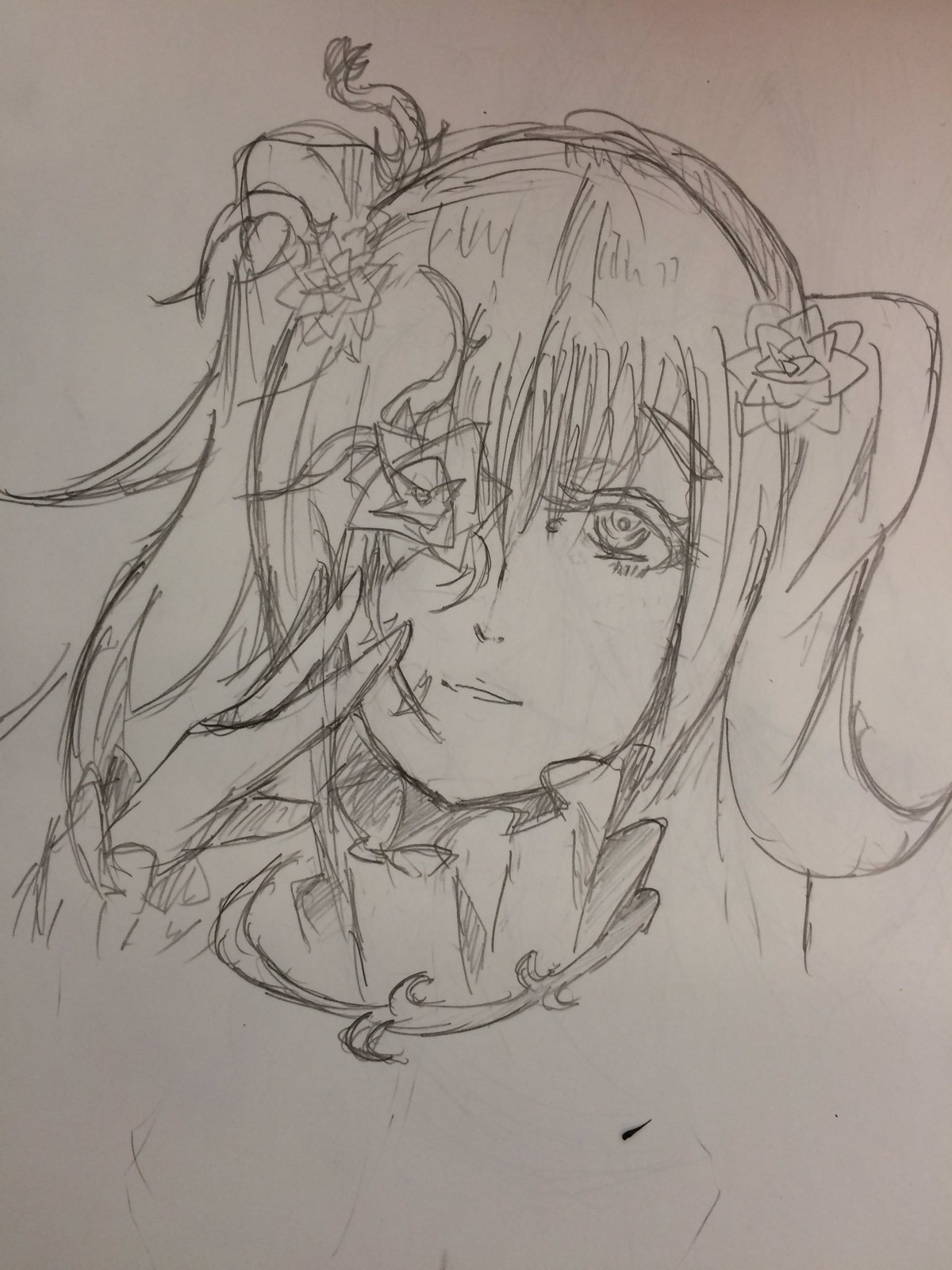 1girl flower greyscale hair_flower hair_ornament image kirakishou long_hair looking_at_viewer monochrome sketch solo traditional_media virtual_youtuber