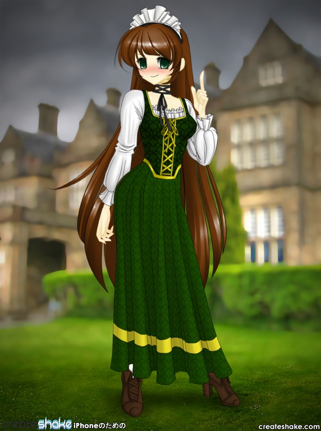 1girl auto_tagged blurry blush boots brown_footwear brown_hair building corset depth_of_field dress full_body green_dress green_eyes image long_hair long_sleeves outdoors solo standing suiseiseki very_long_hair watermark