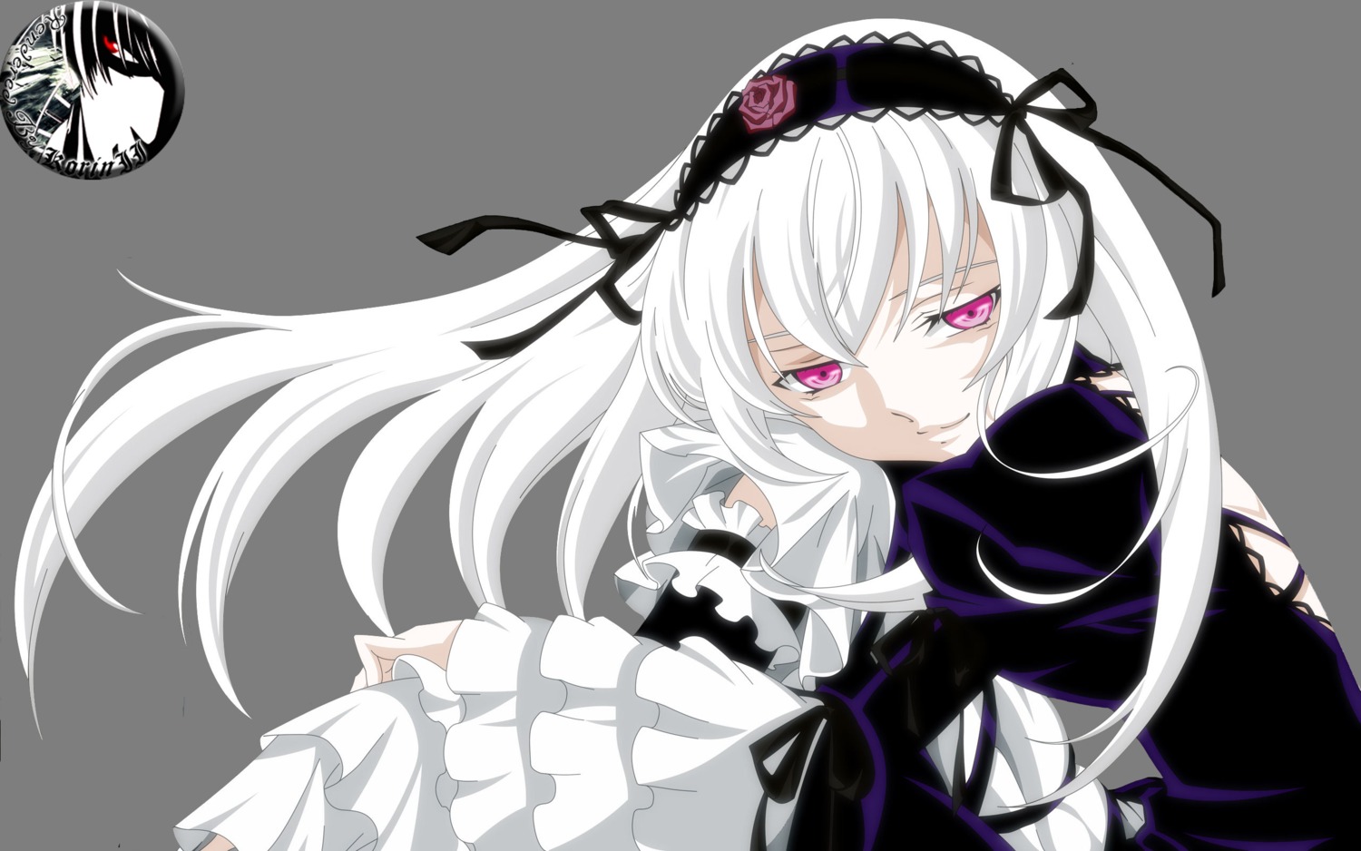 1girl 2girls black_ribbon dress flower frilled_sleeves frills hairband image lolita_hairband long_hair long_sleeves looking_at_viewer multiple_girls pink_eyes red_eyes ribbon rose silver_hair simple_background smile solo suigintou white_background wings