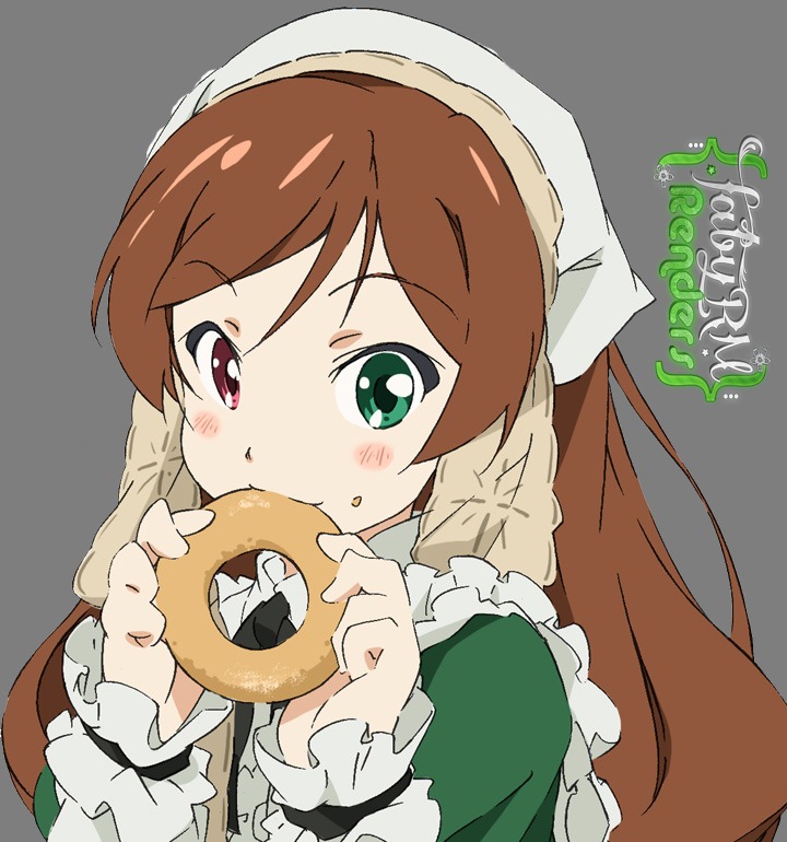 1girl blush braid brown_hair dress eating food food_on_face frills green_dress green_eyes head_scarf holding_food image long_hair long_sleeves red_eyes simple_background solo suiseiseki upper_body white_background