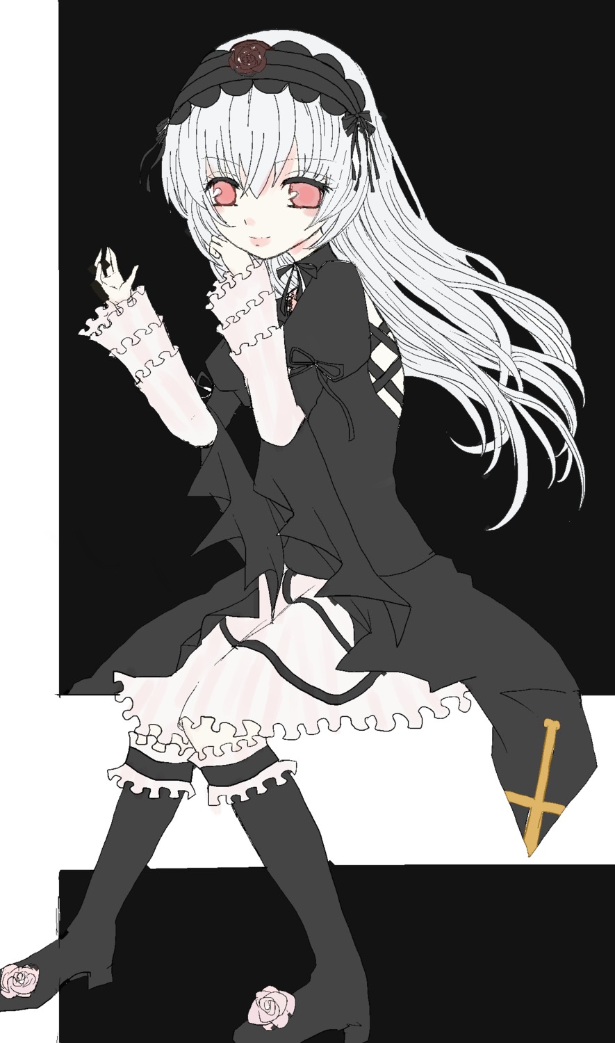 1girl black_footwear black_legwear boots doll_joints dress flower frills full_body gothic_lolita hairband image kneehighs lolita_fashion long_hair looking_at_viewer red_eyes short_sleeves solo standing suigintou