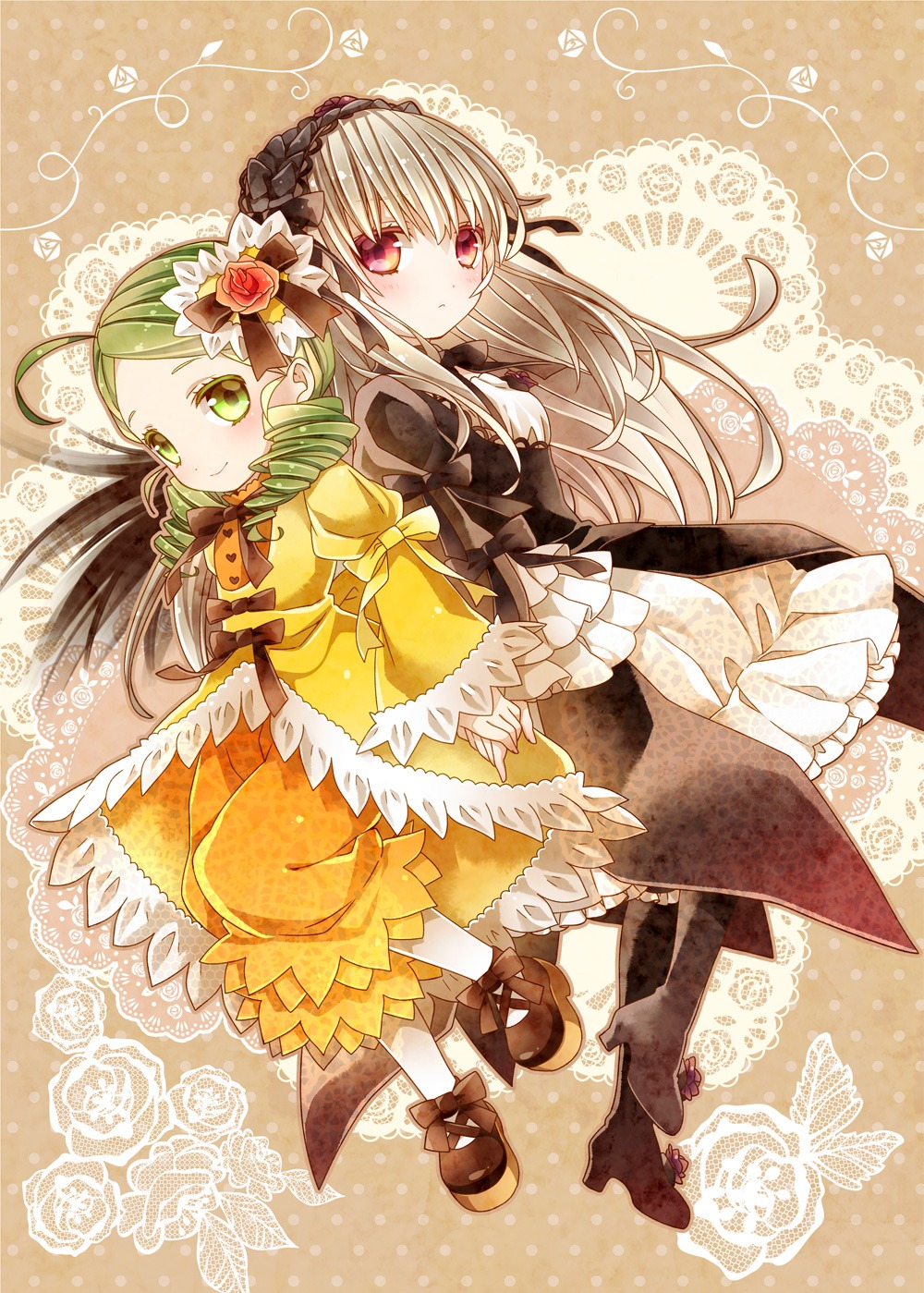 2girls ahoge back-to-back bloomers boots bow commentary_request dress drill_hair flower frills gothic_lolita green_eyes green_hair hair_ornament hairband heart high_heels highres holding_hands image kanaria lolita_fashion long_hair long_sleeves mary_janes moru multiple_girls pair pantyhose puffy_sleeves red_eyes rose rozen_maiden shoes silver_hair smile suigintou white_legwear wide_sleeves wings