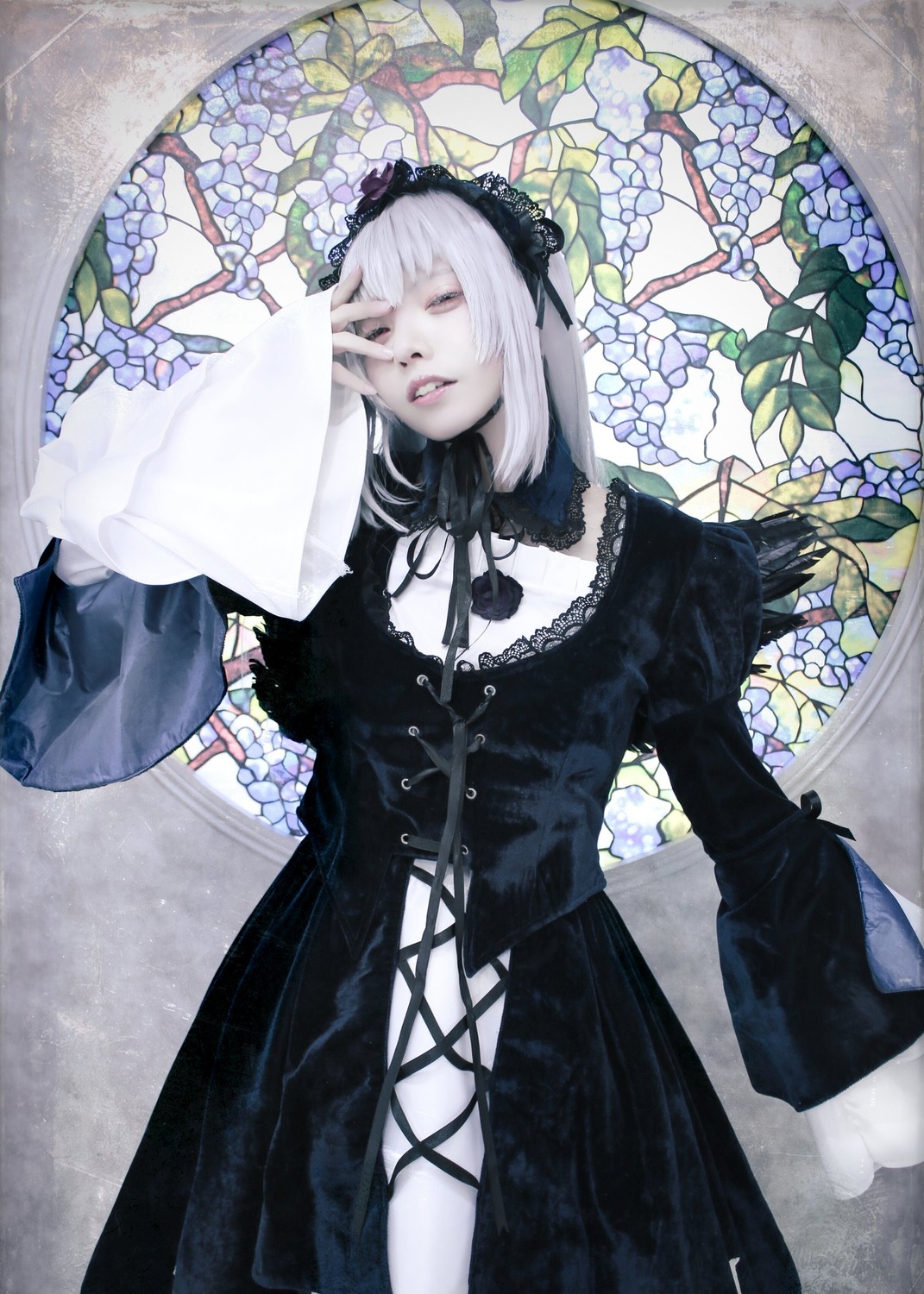 1girl bangs black_dress closed_eyes dress flower gothic_lolita hairband leaf lolita_fashion long_hair marker_(medium) parted_lips solo suigintou traditional_media white_hair