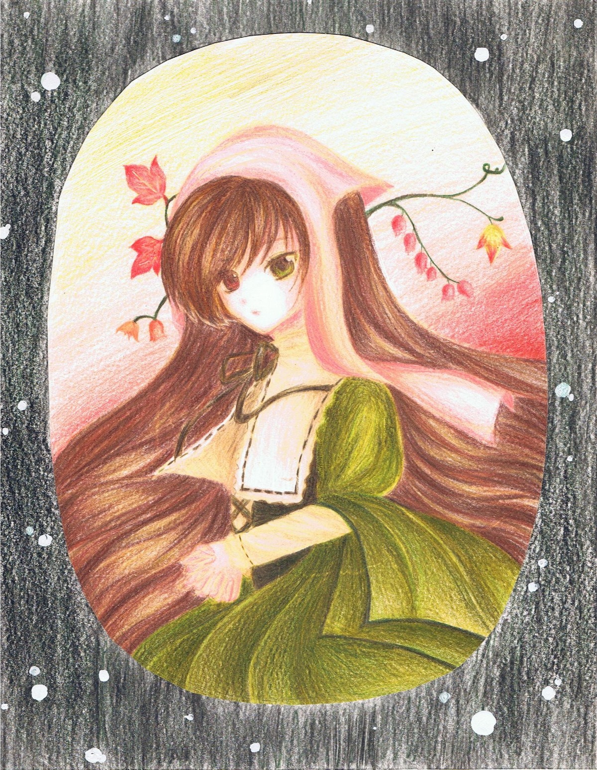 1girl brown_hair dress flower gradient_hair green_eyes heterochromia image leaf long_hair long_sleeves looking_at_viewer multicolored_hair red_eyes solo suiseiseki traditional_media very_long_hair watercolor_(medium)