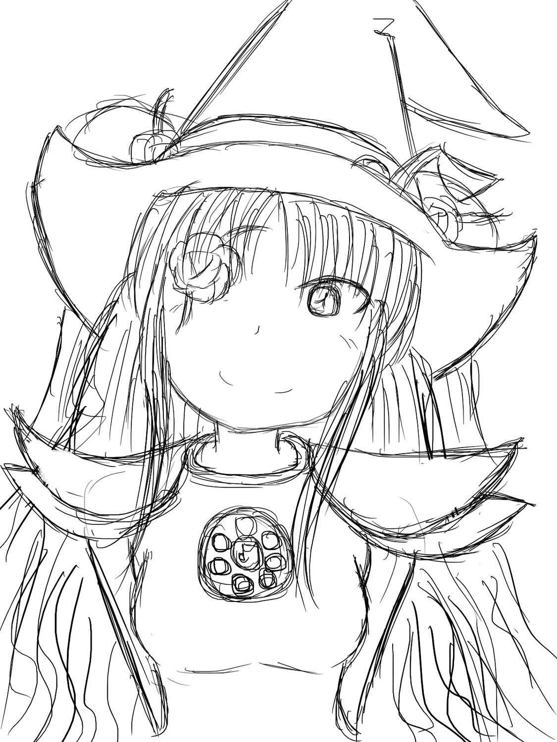 1girl bangs blush closed_mouth greyscale hat image kirakishou long_hair looking_at_viewer monochrome simple_background sketch smile solo upper_body white_background