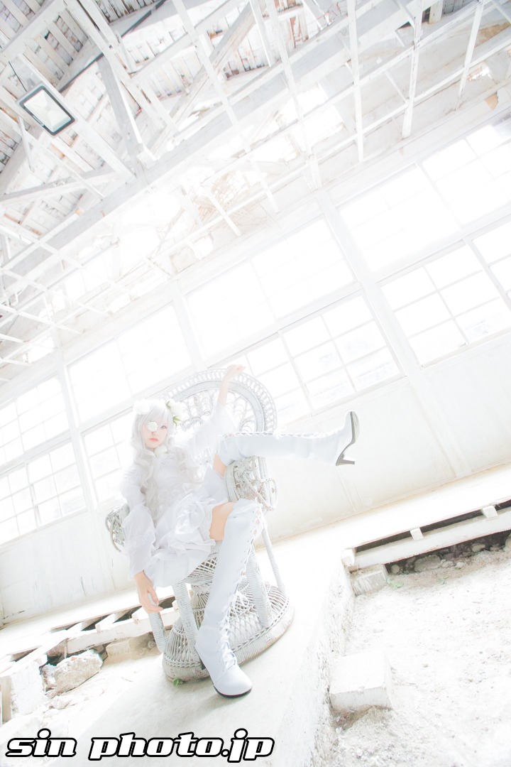 1girl bird blurry building closed_eyes day depth_of_field dress kirakishou solo white_dress white_hair white_theme