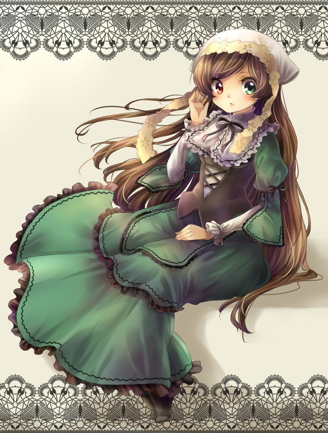 1girl blush boots brown_hair commentary_request dress frills full_body green_dress green_eyes hairband heterochromia highres image long_hair long_sleeves looking_at_viewer red_eyes ribbon rojiko rozen_maiden sitting solo suiseiseki very_long_hair