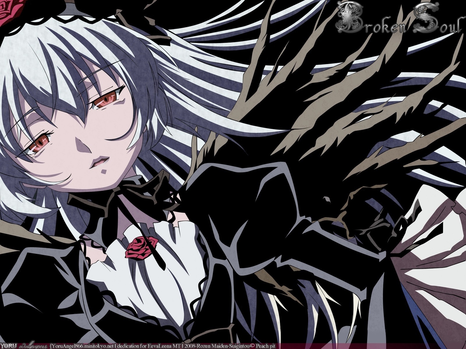 1girl artist_name dated dress flower gothic_lolita image lolita_fashion long_hair long_sleeves looking_at_viewer red_eyes ribbon rose solo suigintou twitter_username watermark