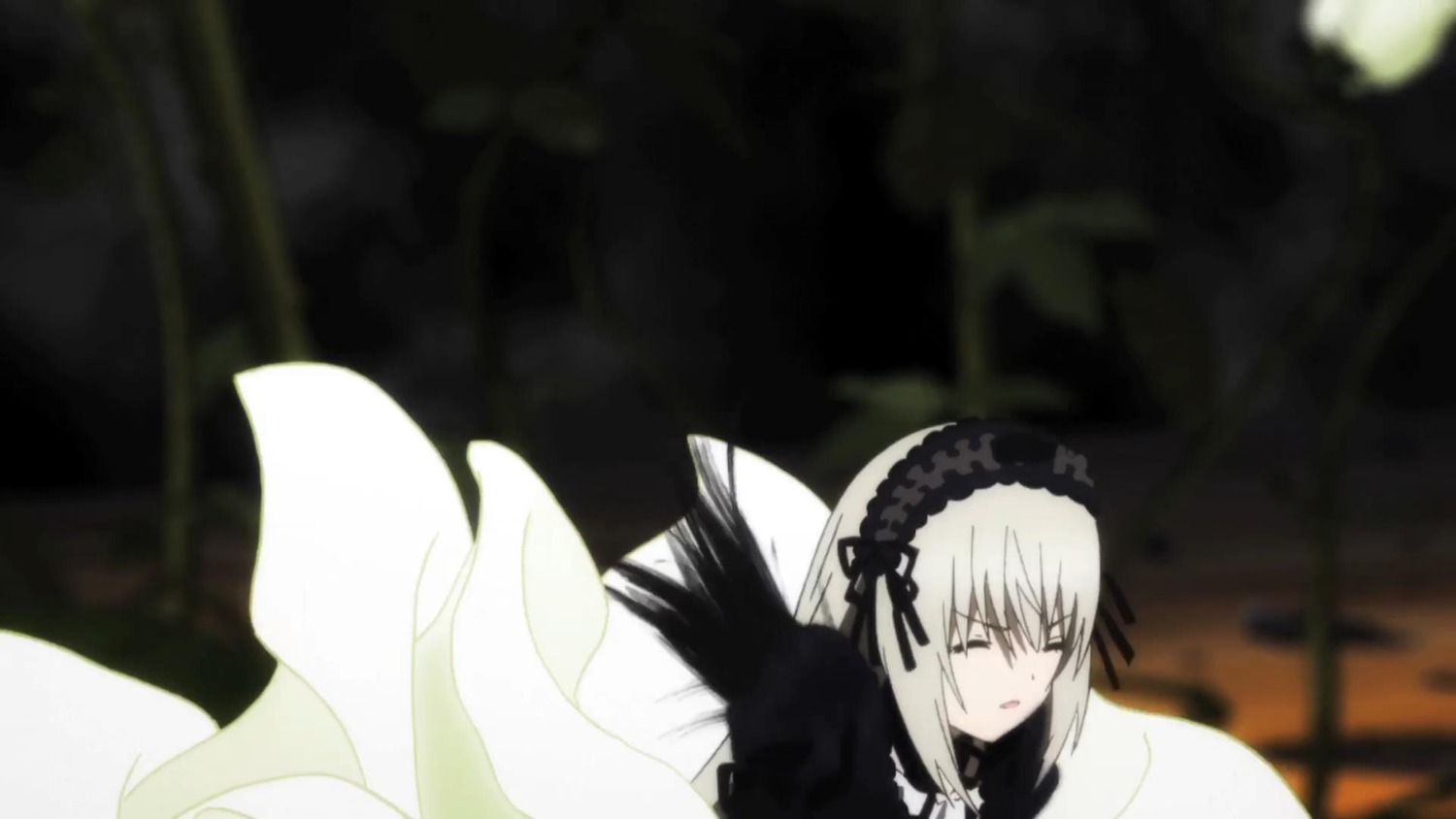 1girl bangs black_dress black_ribbon closed_mouth dress flower frills hairband image long_hair long_sleeves ribbon silver_hair solo suigintou wings