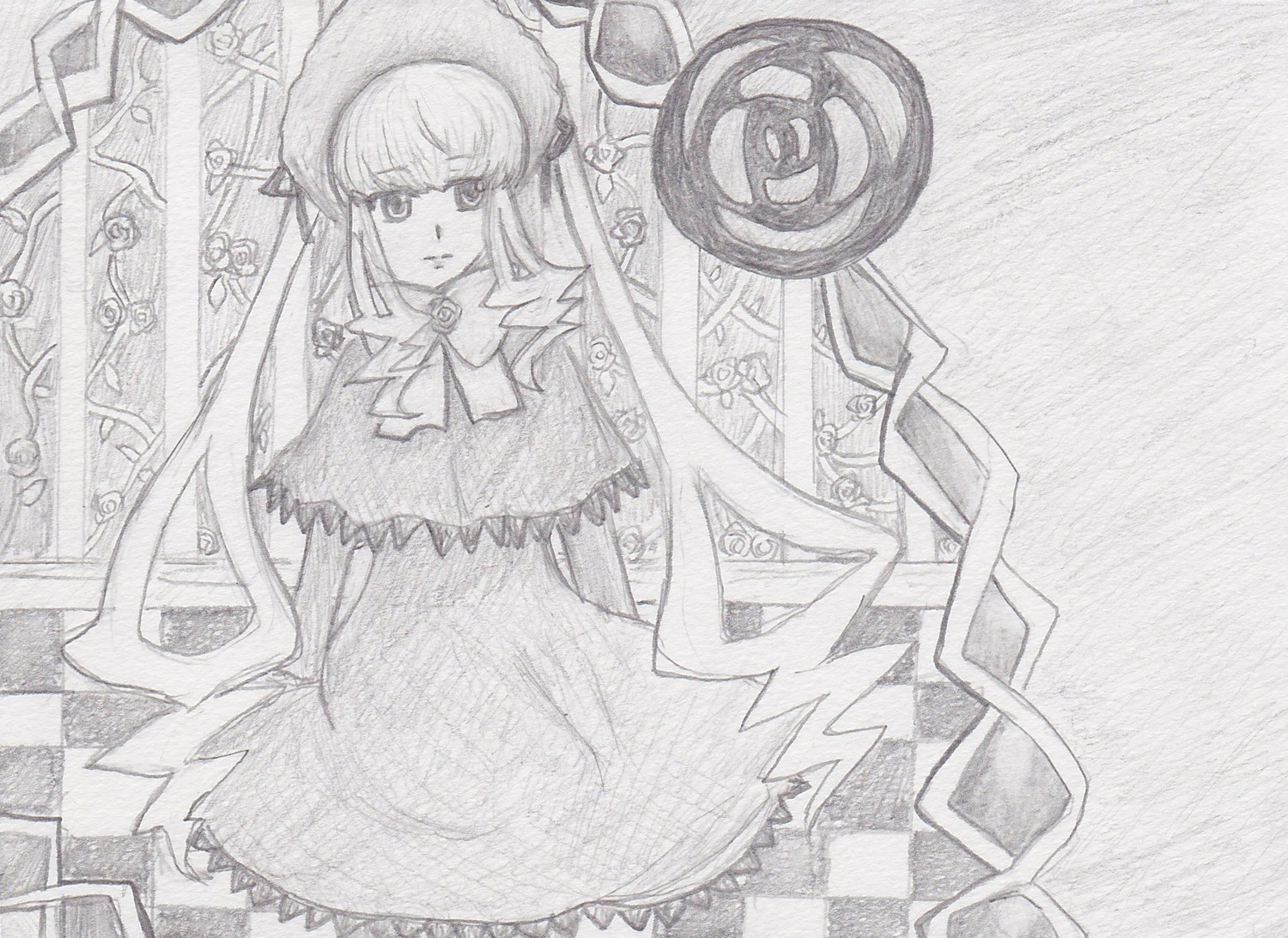 1girl auto_tagged bangs bow bowtie capelet checkered dress frills greyscale hat image long_hair long_sleeves looking_at_viewer monochrome shinku solo standing very_long_hair