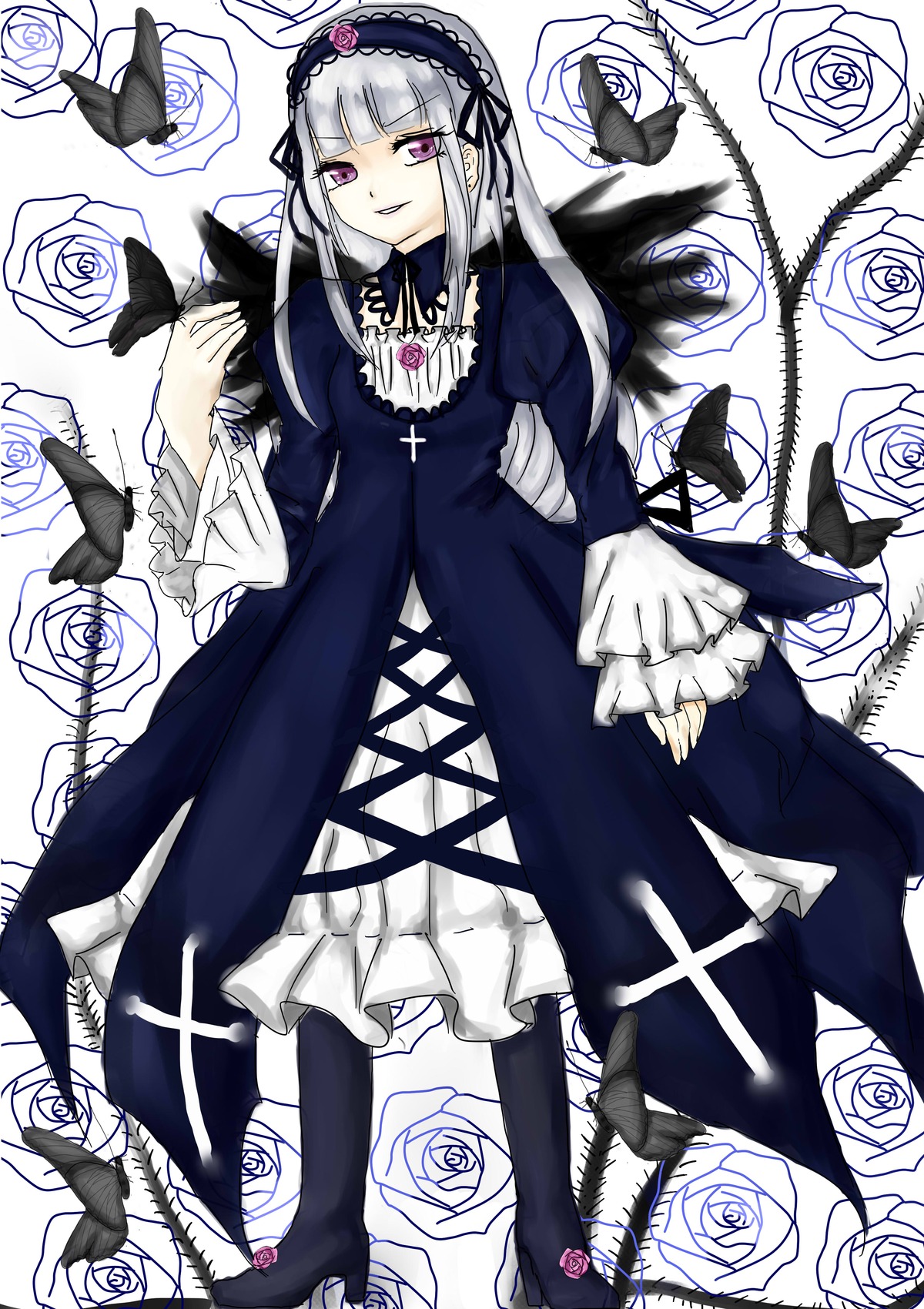 1girl auto_tagged black_flower black_rose blue_rose dress flower frills gothic_lolita hairband image lolita_fashion long_hair long_sleeves looking_at_viewer pink_eyes pink_rose purple_eyes purple_rose rose silver_hair solo suigintou thorns white_flower white_rose