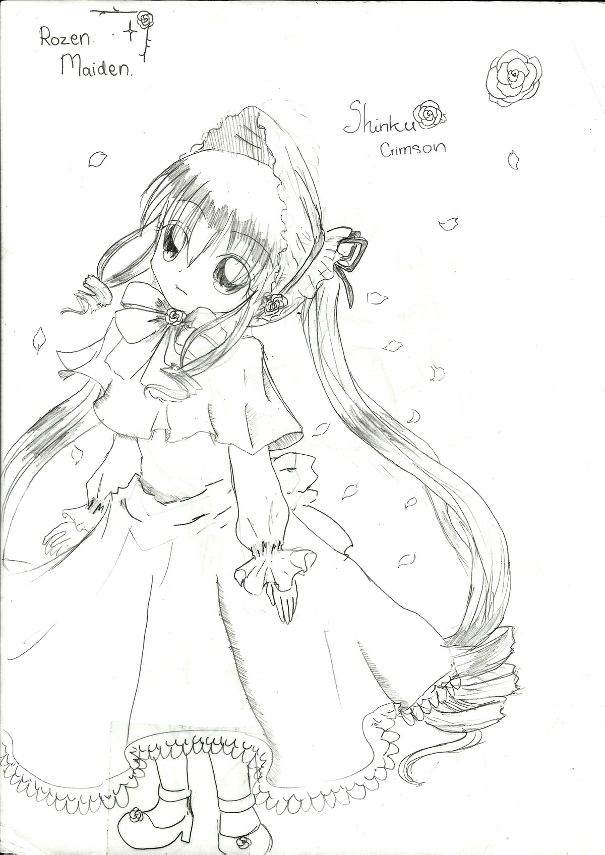 1girl bonnet dress drill_hair flower full_body greyscale hat image long_hair looking_at_viewer monochrome petals rose shinku shoes solo standing twin_drills twintails very_long_hair