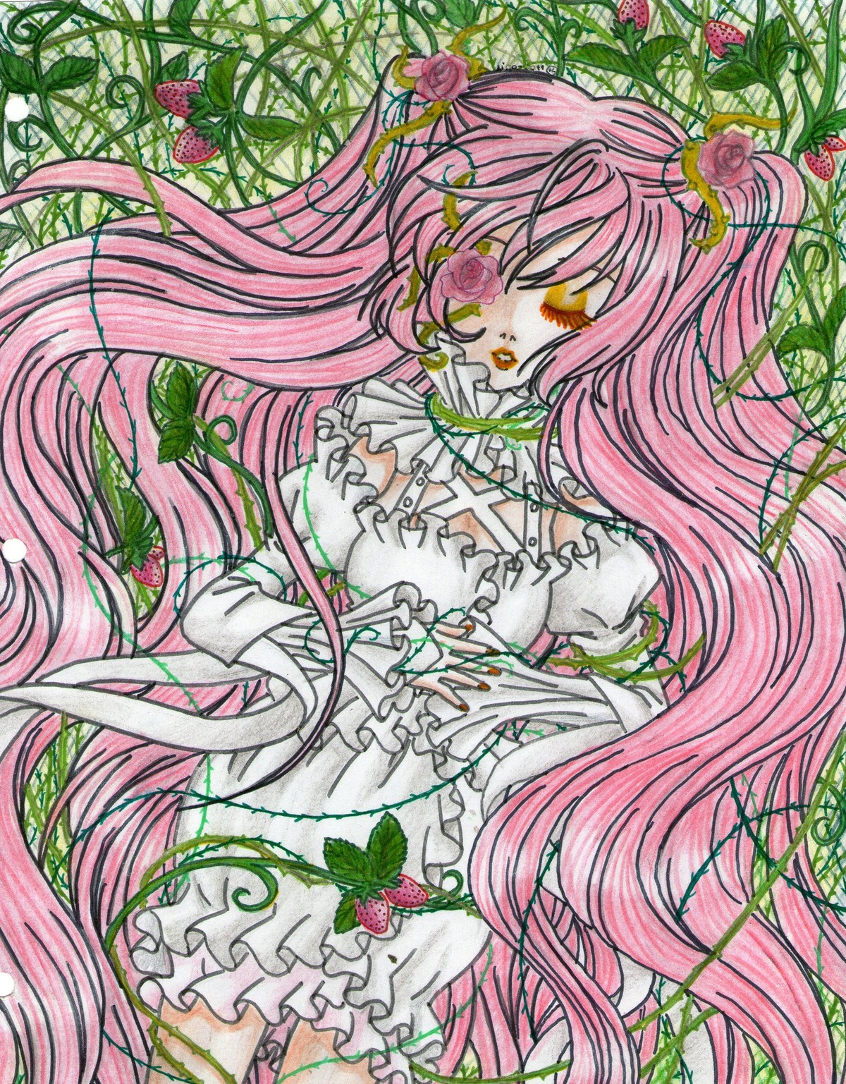 1girl auto_tagged dress flower frills image kirakishou long_hair marker_(medium) pink_hair plant red_flower red_rose rose solo thorns traditional_media very_long_hair vines