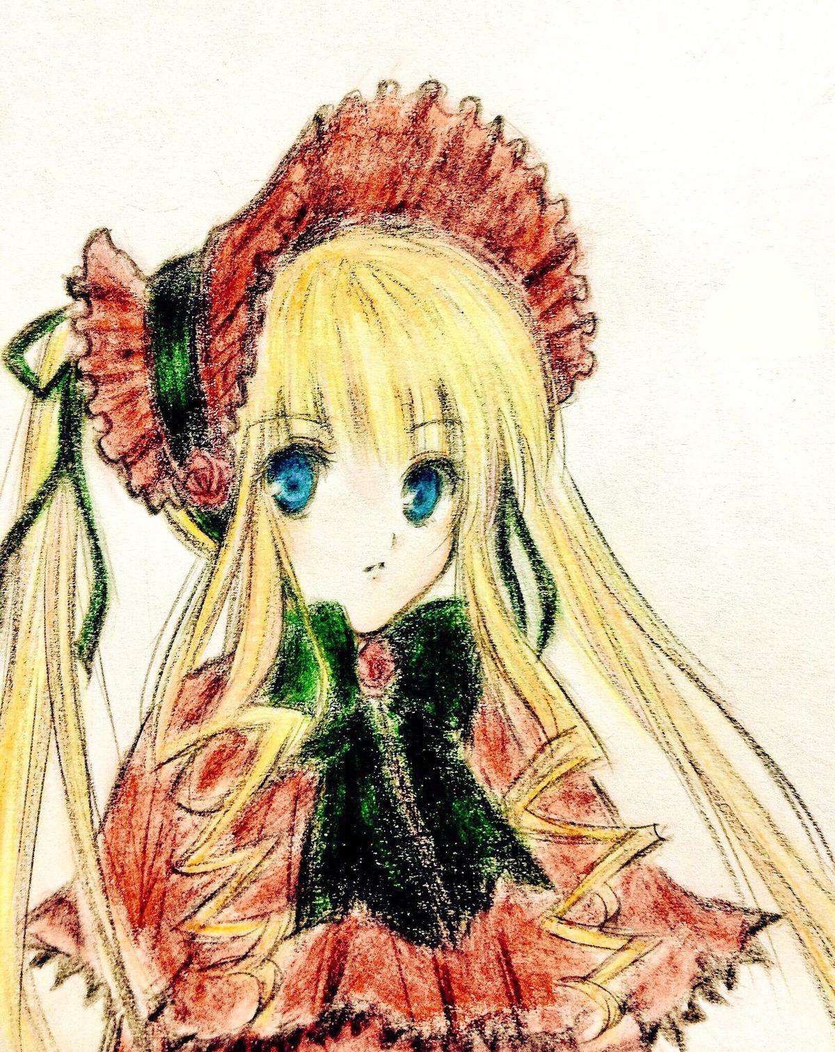 1girl bangs blonde_hair blue_eyes dress flower image long_hair looking_at_viewer red_flower red_rose rose shinku simple_background solo traditional_media upper_body white_background