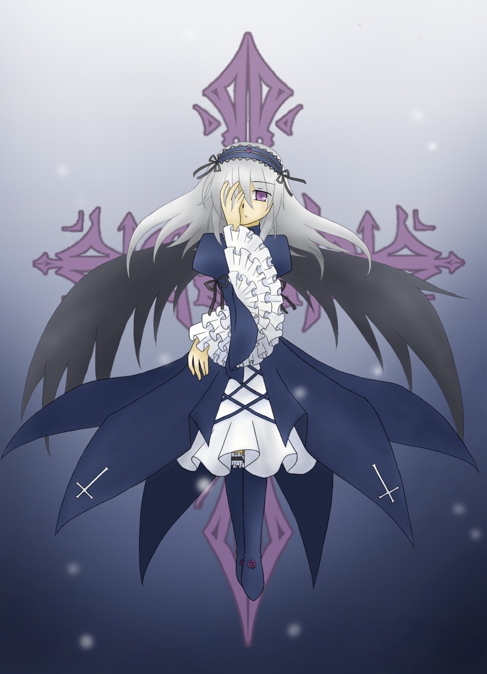 1girl black_wings boots dress floating flower frilled_sleeves frills full_body hairband image lolita_hairband long_hair long_sleeves looking_at_viewer purple_eyes ribbon silver_hair solo suigintou wings