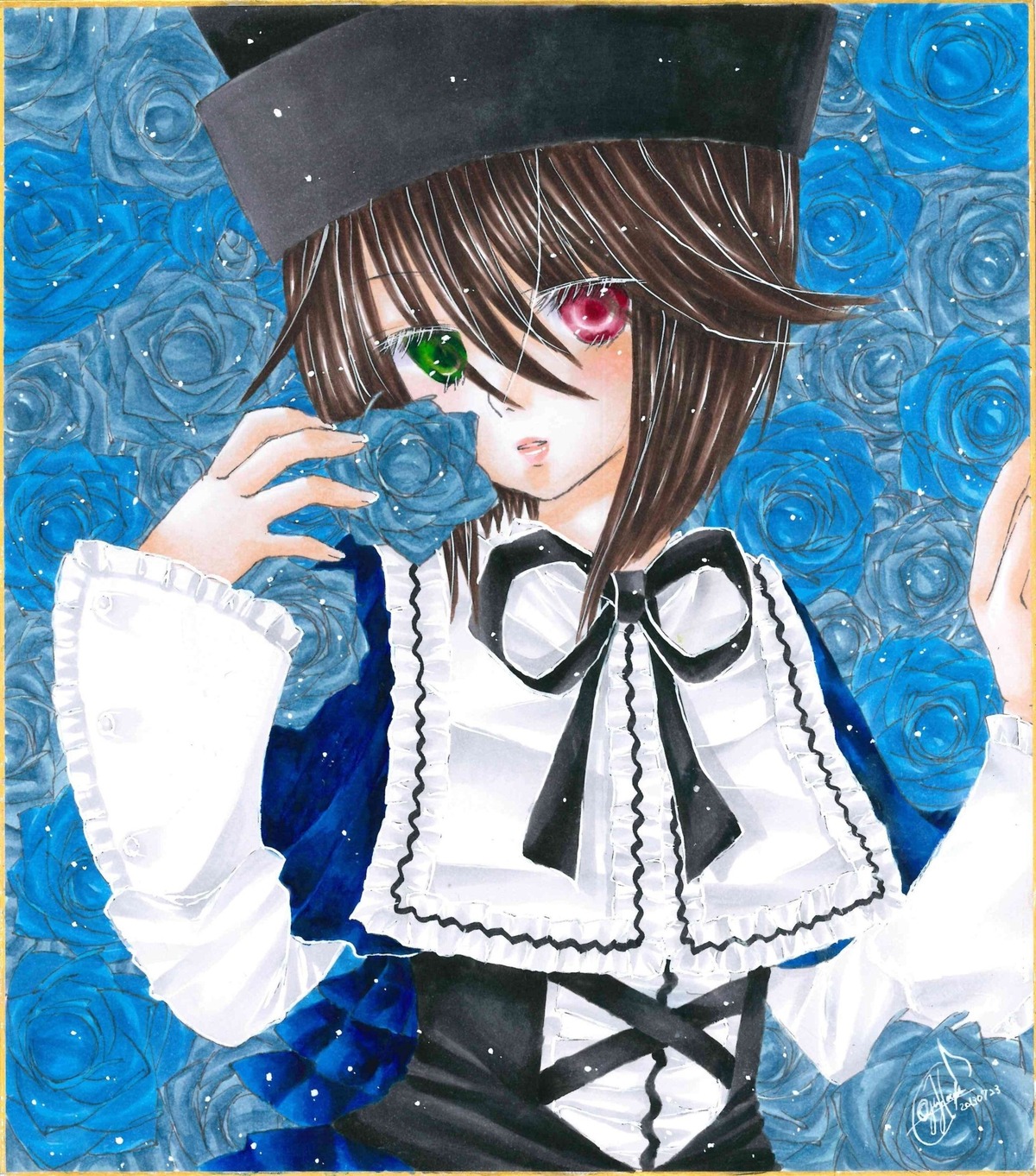 black_rose blue_flower blue_rose brown_hair flower green_eyes hat heterochromia image marker_(medium) purple_rose red_eyes red_flower red_rose rose short_hair solo souseiseki thorns traditional_media