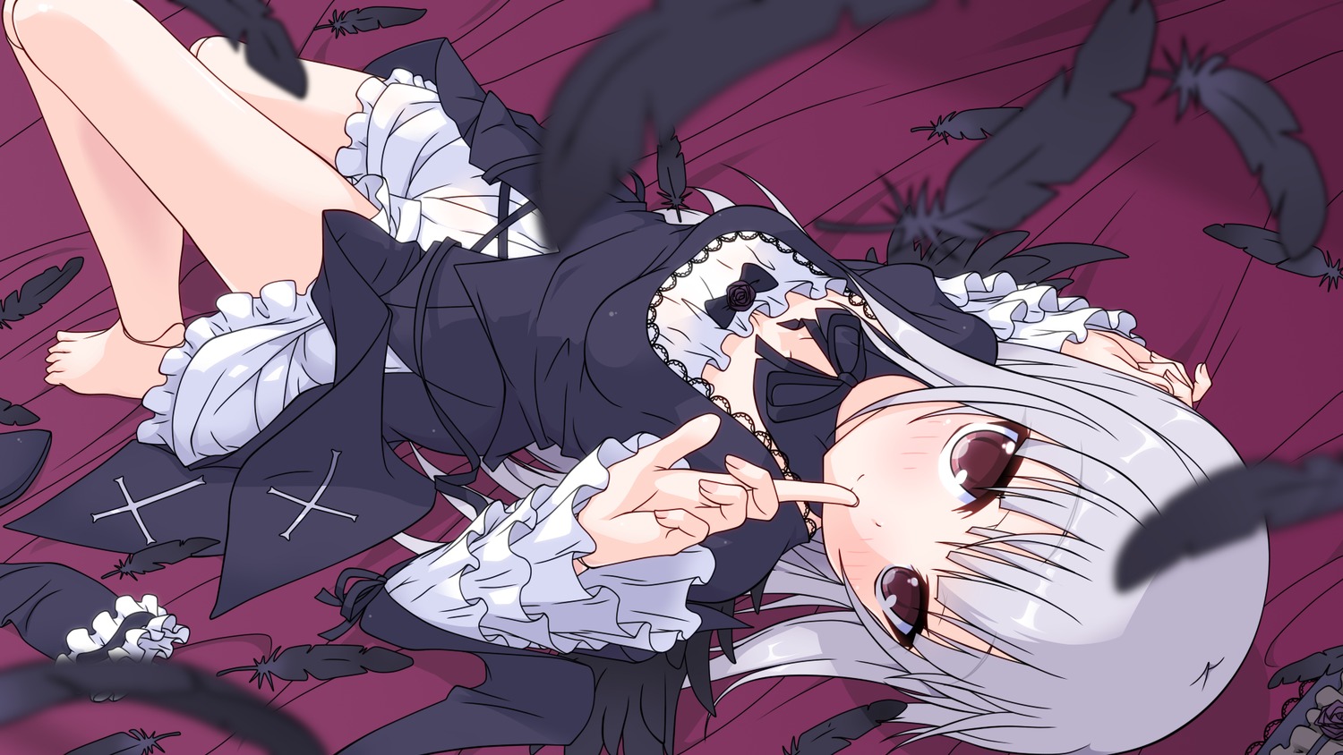 1girl barefoot bird black_feathers bloomers blurry blush bow commentary_request depth_of_field dress feathers finger_to_mouth frills gothic_lolita hairband_removed highres image k10k lolita_fashion long_hair looking_at_viewer lying on_back purple_eyes rozen_maiden silver_hair smile solo suigintou thighhighs_removed underwear wings