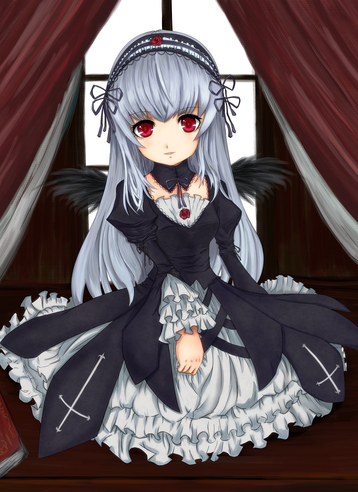 1girl black_wings curtains detached_collar dress expressionless flower frills hairband image juliet_sleeves long_hair long_sleeves looking_at_viewer red_eyes ribbon rose silver_hair sitting solo suigintou window wings