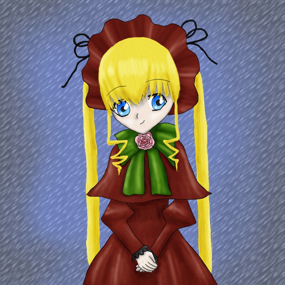 1girl bangs blonde_hair blue_eyes bonnet bow bowtie capelet dress flower green_bow green_neckwear image long_hair long_sleeves looking_at_viewer ocean pink_flower pink_rose rain red_dress rose shinku solo standing twintails v_arms very_long_hair