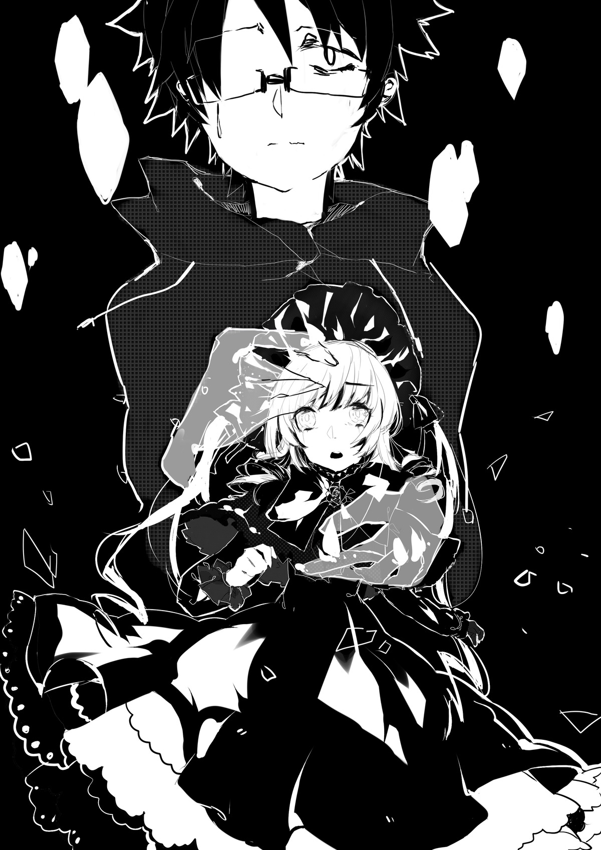 1boy 1girl black_background closed_mouth eyebrows_visible_through_hair glasses greyscale holding image jacket long_sleeves monochrome shinku solo