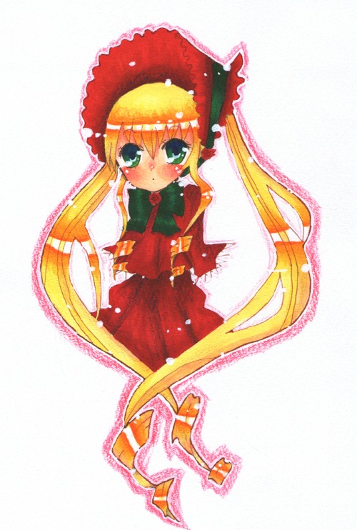1girl blonde_hair blush bonnet bow bowtie dress green_eyes image long_hair long_sleeves looking_at_viewer red_dress shinku solo twintails very_long_hair