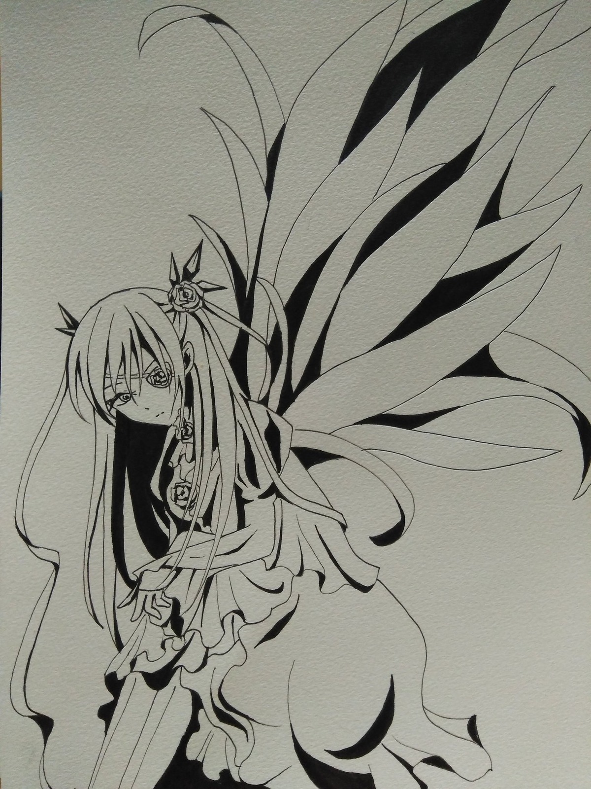 1girl barasuishou dress flower frills greyscale image long_hair monochrome rose solo traditional_media very_long_hair