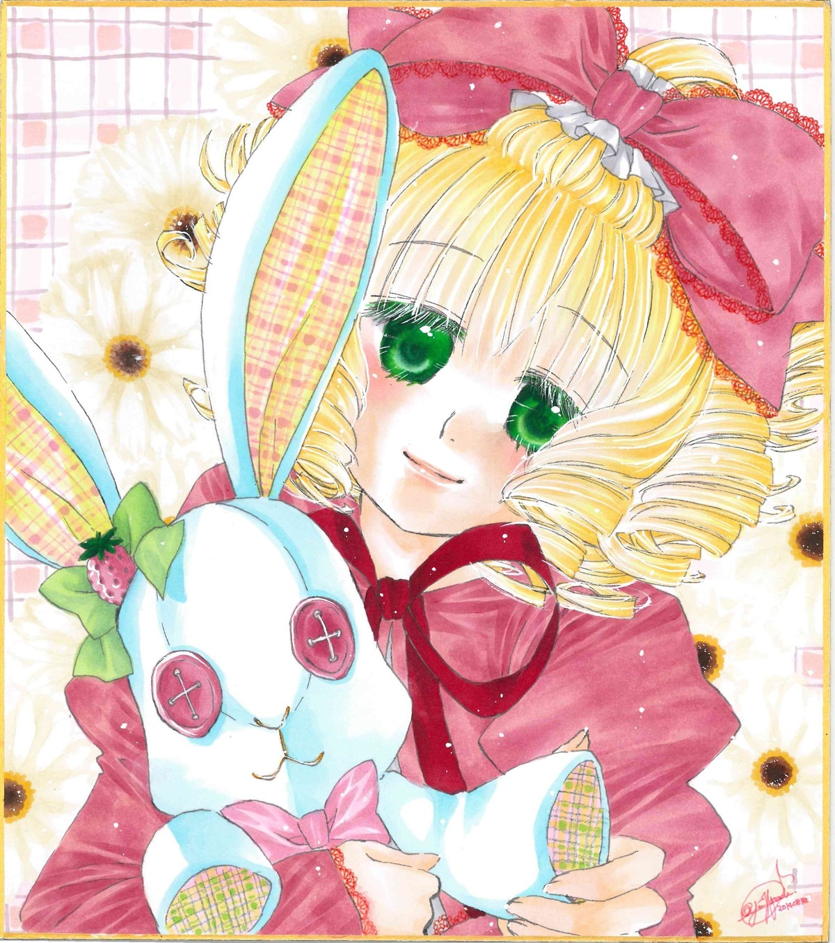 1girl blonde_hair bow colored_pencil_(medium) drill_hair flower green_eyes hair_bow hina_ichigo hinaichigo image looking_at_viewer marker_(medium) pink_bow ribbon shikishi short_hair smile solo traditional_media