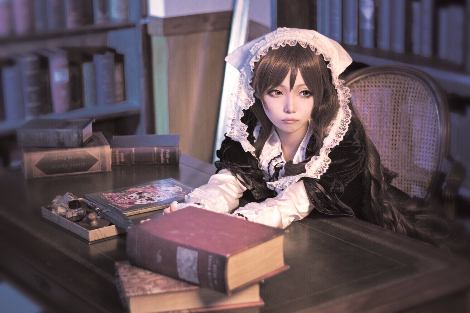 1girl 3d blurry book bookshelf brown_hair depth_of_field indoors library lips looking_at_viewer sitting solo suiseiseki