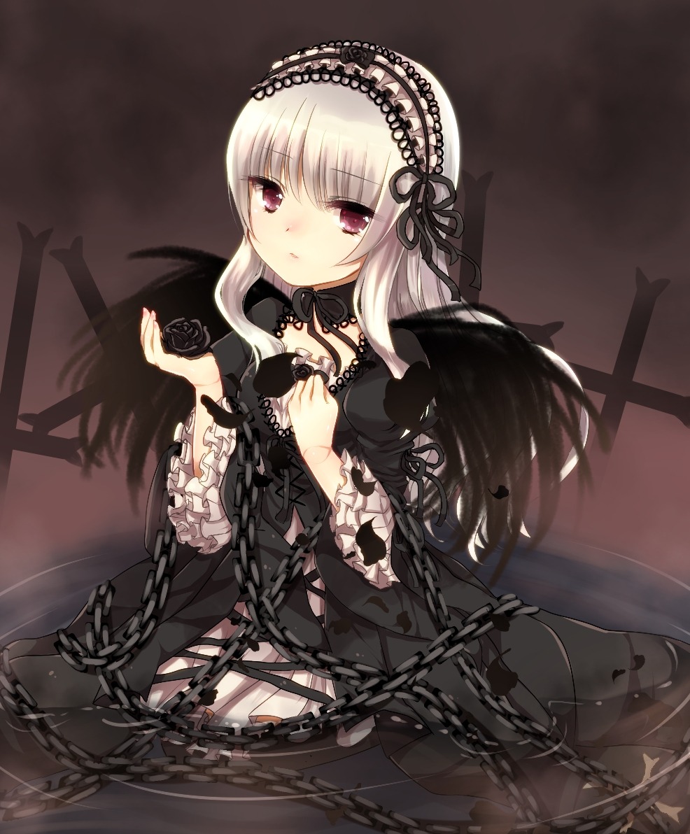 1girl black_flower black_rose broken broken_chain chain chained commentary_request cross cuffs dress flower frills frown gothic_lolita hairband handcuffs image kneeling lolita_fashion long_hair looking_at_viewer moe_(hamhamham) petals pocket_watch purple_eyes red_eyes ribbon rose rozen_maiden shackles silver_hair sitting solo suigintou water white_hair wings