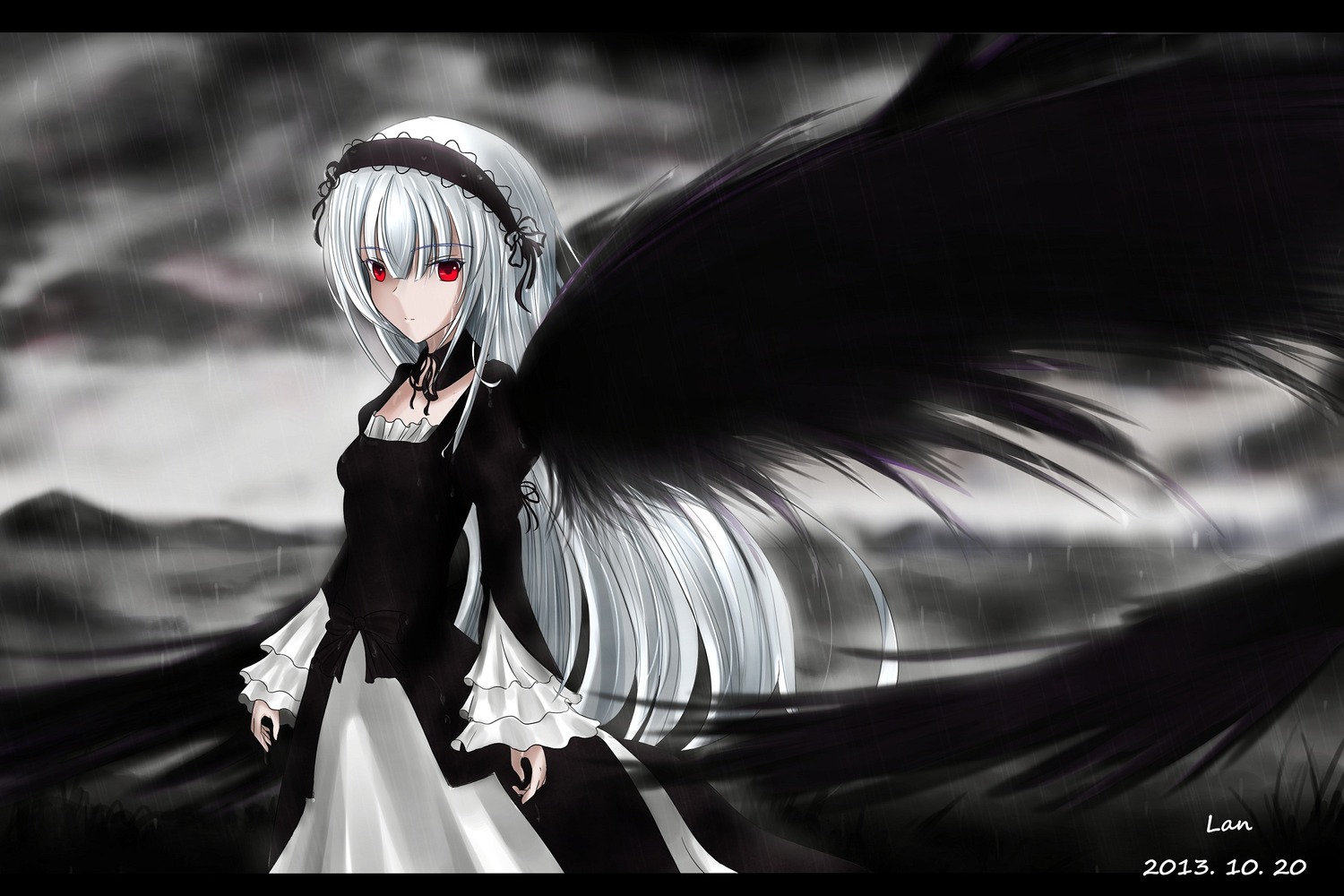 1girl bangs black_dress black_ribbon black_wings breasts closed_mouth dress eyebrows_visible_through_hair frills gothic_lolita hair_between_eyes hairband image juliet_sleeves letterboxed lolita_fashion long_hair long_sleeves looking_at_viewer neck_ribbon puffy_sleeves red_eyes ribbon silver_hair solo suigintou very_long_hair wings