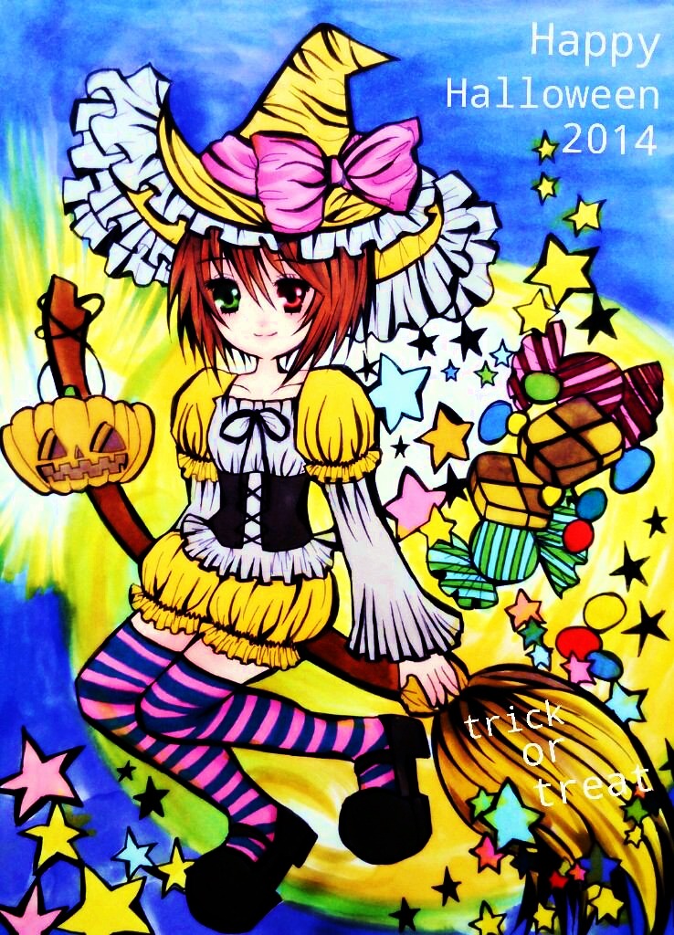 1girl broom frills halloween hat heterochromia image jack-o'-lantern m1umr pumpkin red_eyes red_hair short_hair solo souseiseki star_(symbol) striped striped_legwear thighhighs witch_hat