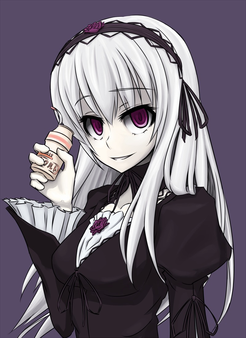 1girl dress flower hairband image juliet_sleeves long_hair long_sleeves looking_at_viewer puffy_sleeves purple_background ribbon rose silver_hair simple_background smile solo suigintou upper_body