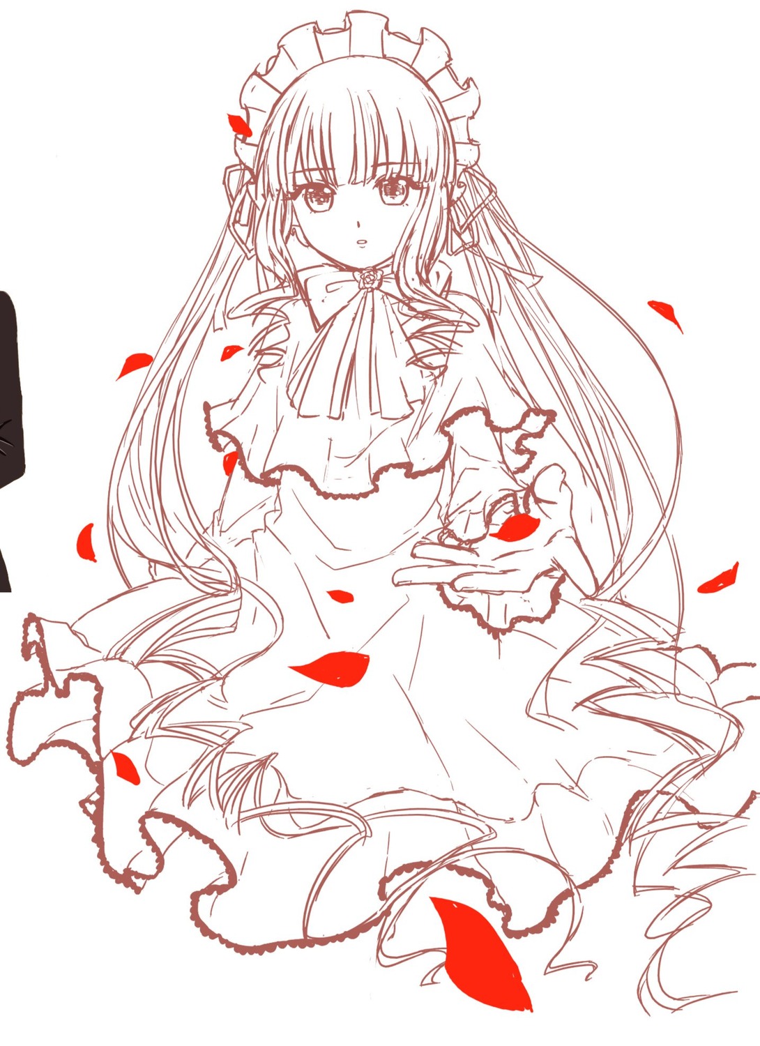 1girl dress frills hair_ribbon image long_hair looking_at_viewer monochrome petals ribbon rose_petals shinku solo striped very_long_hair