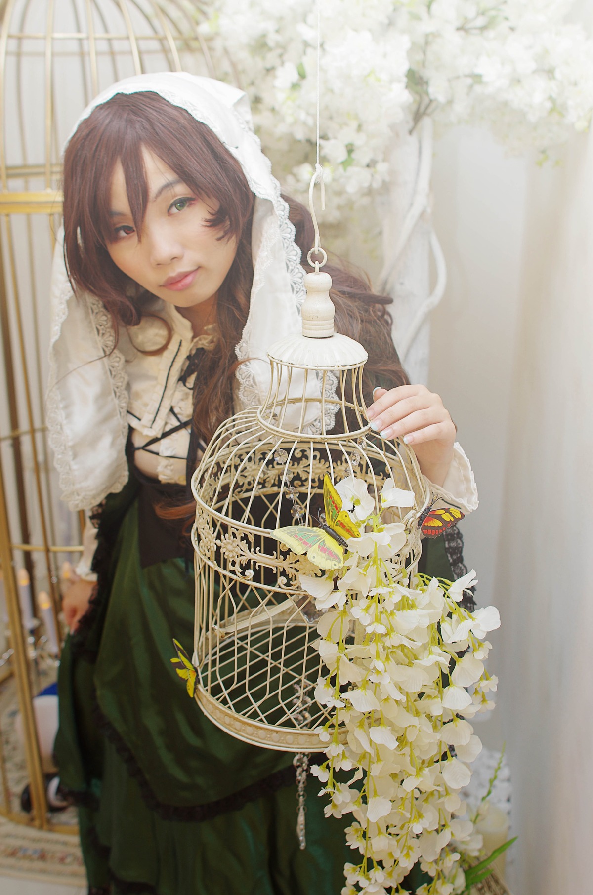 1girl birdcage brown_hair cage dress flower green_eyes hood lips solo suiseiseki