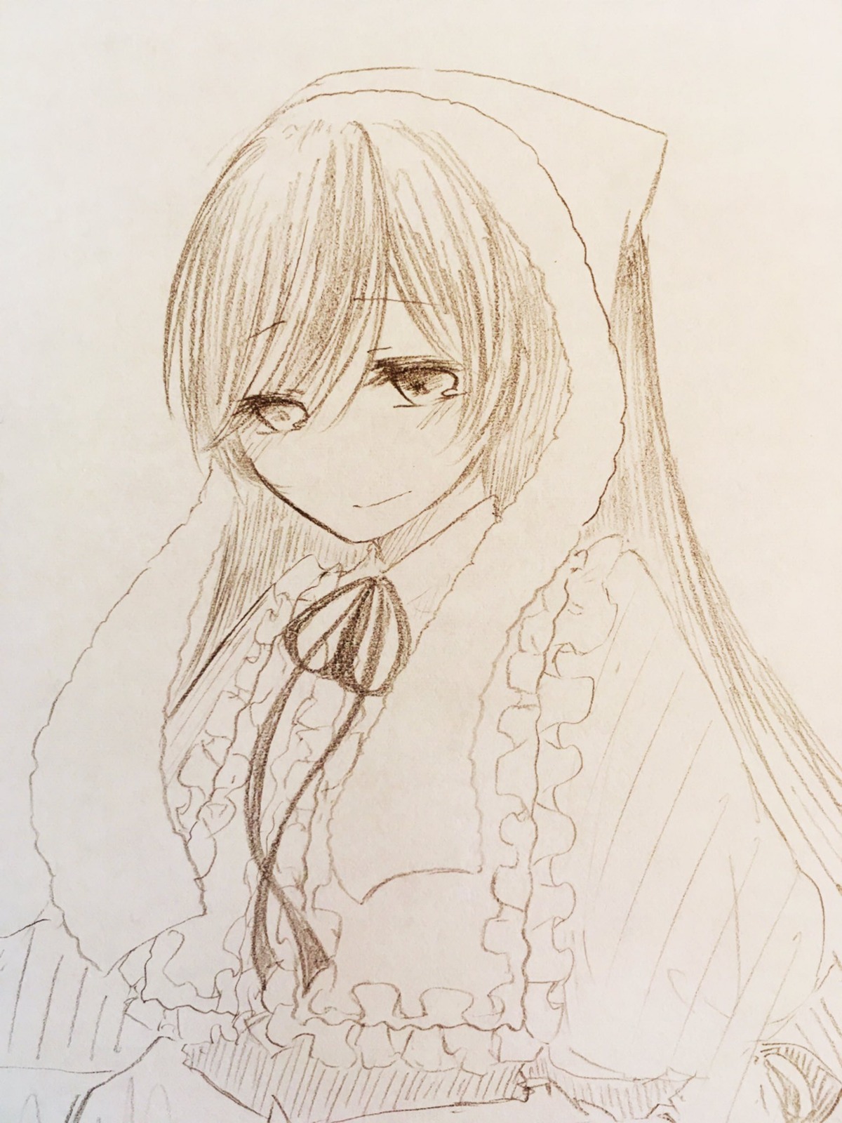 1girl bangs blush closed_mouth eyebrows_visible_through_hair frills image long_hair long_sleeves looking_at_viewer monochrome neck_ribbon ribbon smile solo suiseiseki traditional_media upper_body