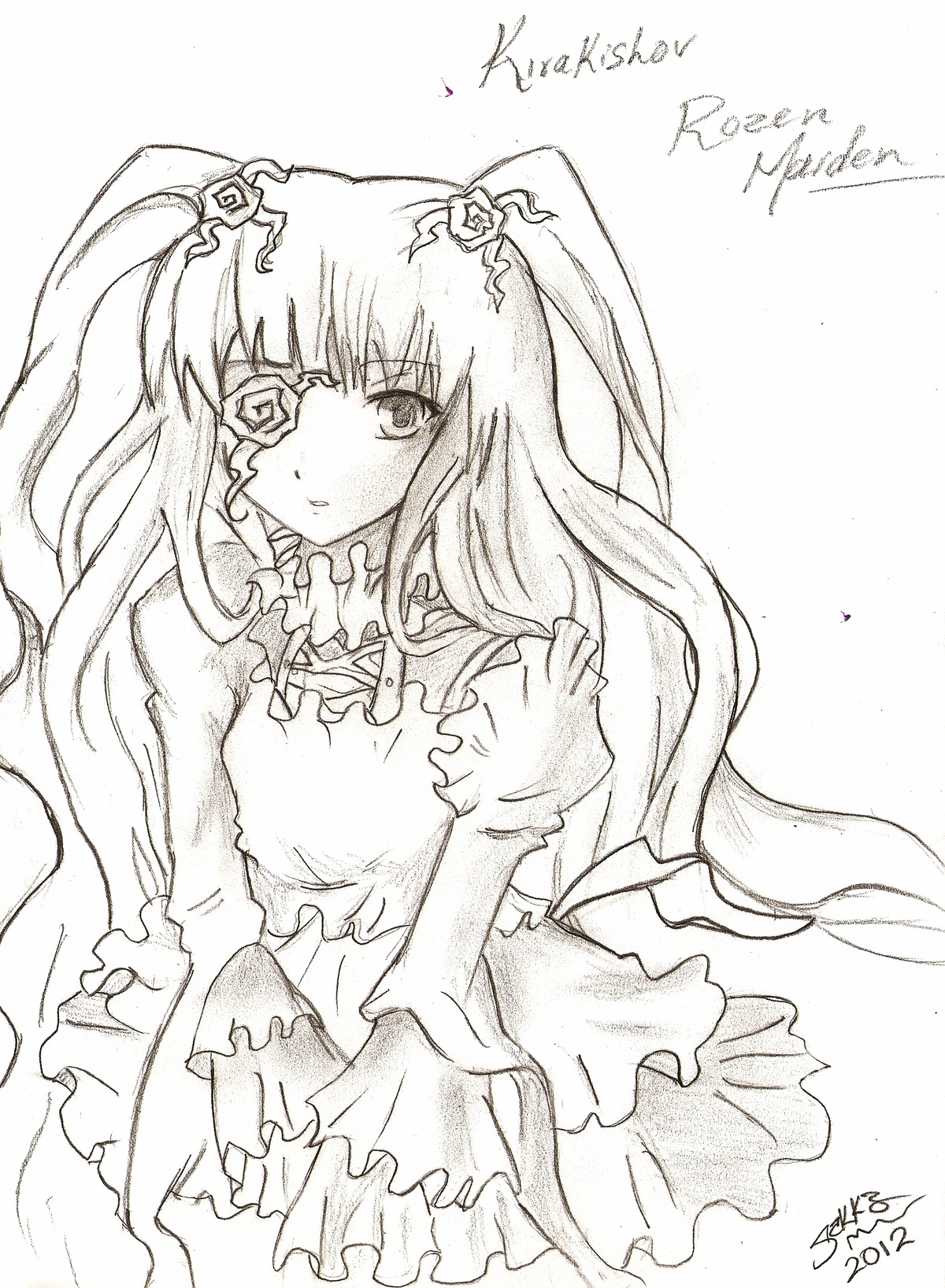 1girl dated dress eyepatch flower frills greyscale hair_ornament image kirakishou long_hair long_sleeves looking_at_viewer monochrome signature smile solo traditional_media