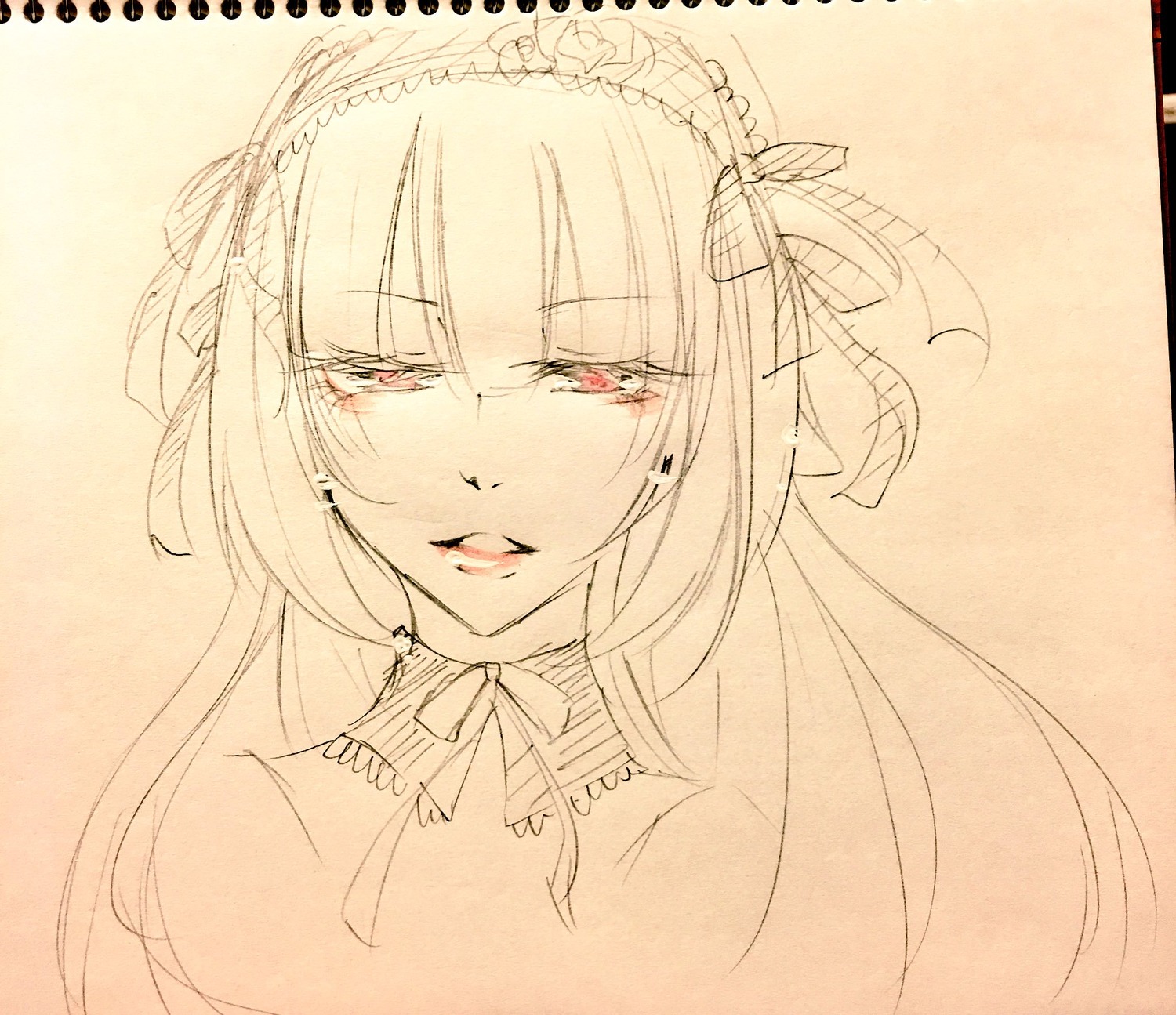 1girl blush earrings eyebrows_visible_through_hair hairband image jewelry lolita_hairband long_hair looking_at_viewer monochrome parted_lips ribbon sketch solo suigintou traditional_media