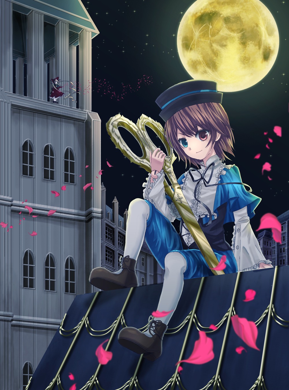 1girl boots brown_hair cherry_blossoms full_moon hat heterochromia image moon night pantyhose petals red_eyes rose_petals short_hair sitting solo souseiseki white_legwear