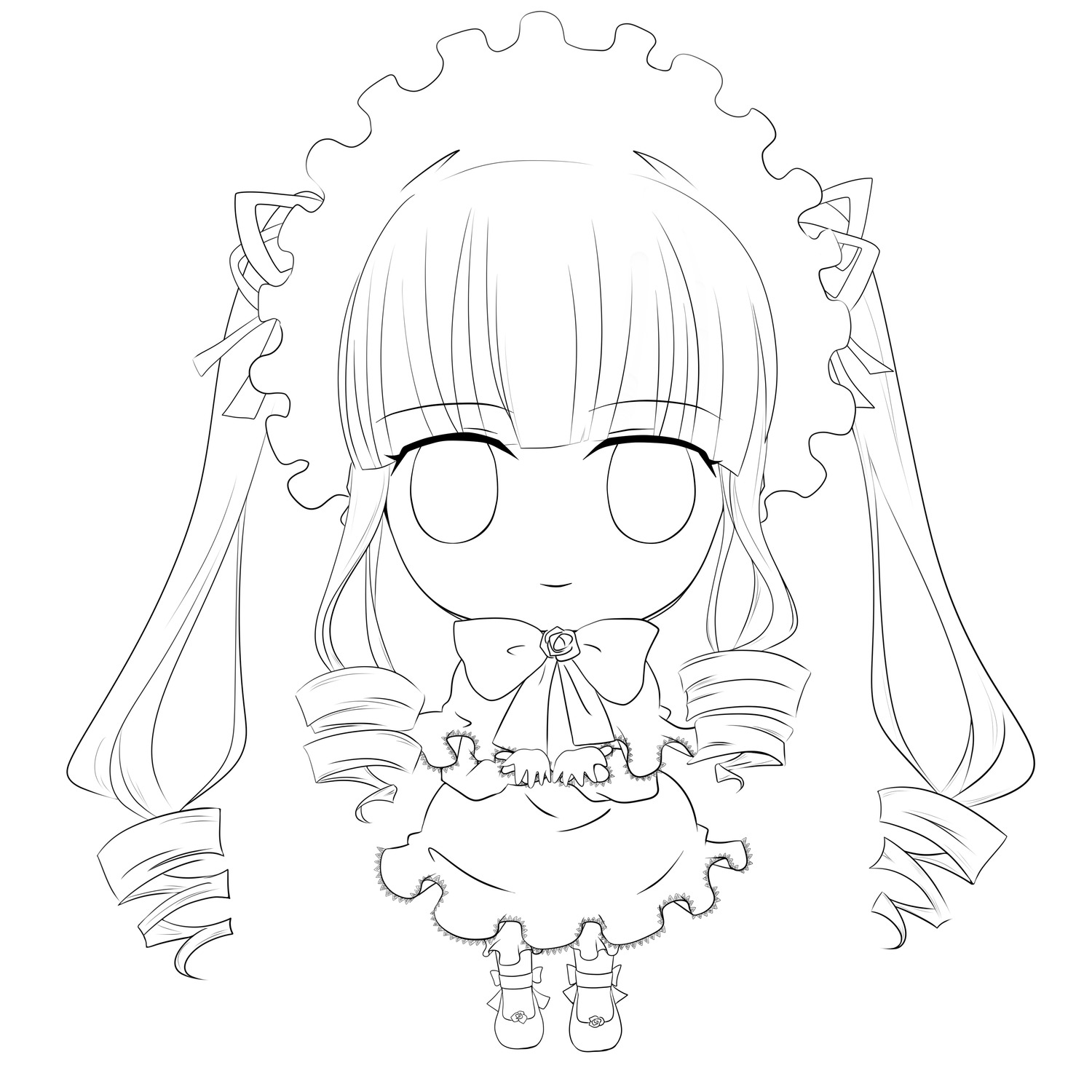 1girl bangs blush bow bowtie chibi dress drill_hair full_body greyscale image lineart long_hair long_sleeves monochrome ringlets shinku solo standing striped twin_drills very_long_hair white_background