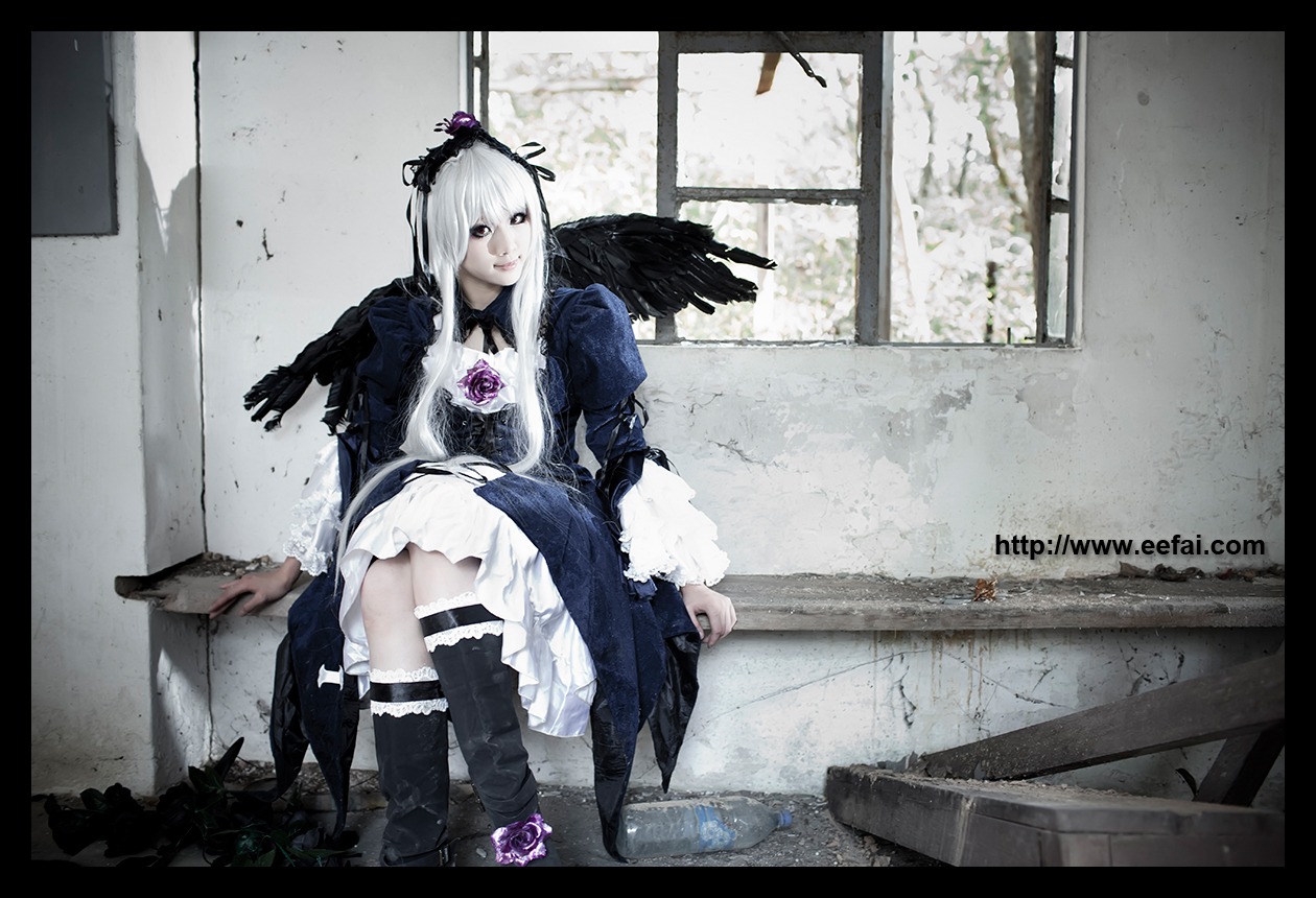 1girl boots dress flower frills gothic_lolita letterboxed long_hair pillarboxed rose silver_hair sitting solo suigintou