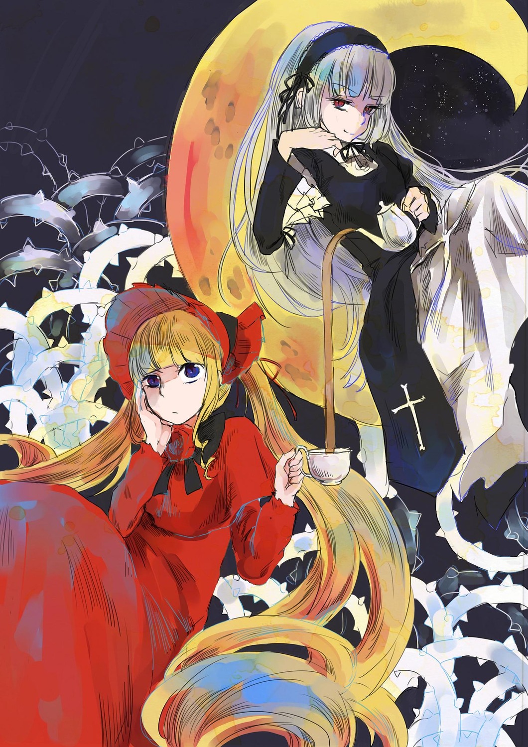 2girls auto_tagged blonde_hair blue_eyes bonnet bow crescent_moon cup dress flower full_moon hairband image long_hair long_sleeves looking_at_viewer moon multiple_girls pair red_dress red_eyes shinku silver_hair sitting suigintou tea teacup very_long_hair