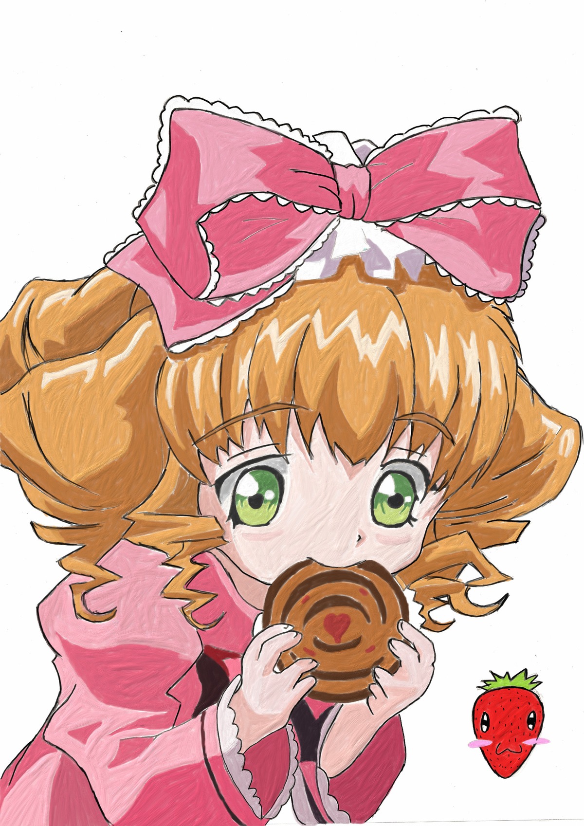 1girl bow dress eating food fruit green_eyes hair_bow hina_ichigo hinaichigo holding holding_food image long_sleeves looking_at_viewer pink_bow solo upper_body white_background