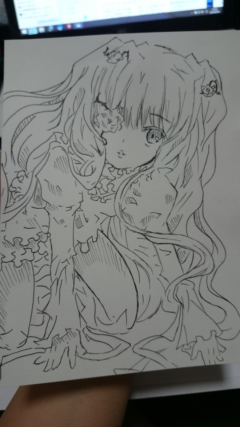 1girl dress frills greyscale hair_ornament image kirakishou long_hair long_sleeves looking_at_viewer monochrome photo solo traditional_media