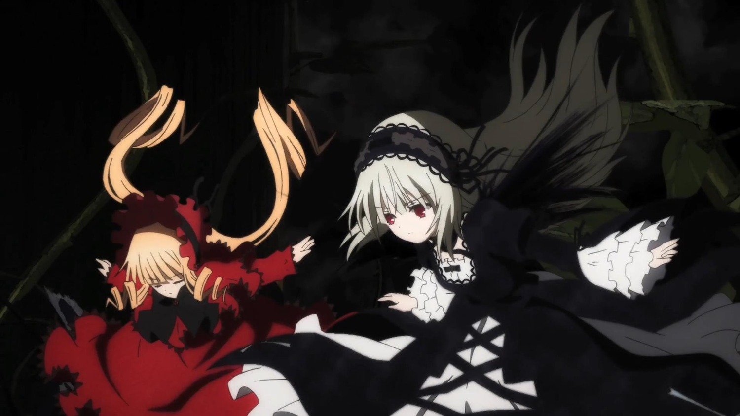 2girls blonde_hair dress frilled_sleeves frills hairband image long_hair long_sleeves multiple_girls pair red_eyes ribbon shinku silver_hair suigintou very_long_hair wings