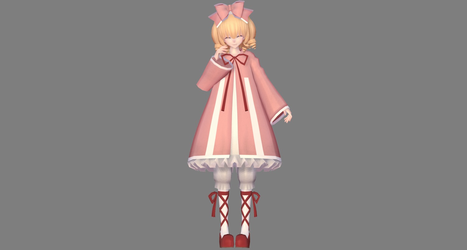 1girl blonde_hair bow closed_eyes dress full_body hair_bow hina_ichigo hinaichigo image long_sleeves pink_dress red_bow red_footwear shoes short_hair solo standing striped white_background white_legwear wide_sleeves