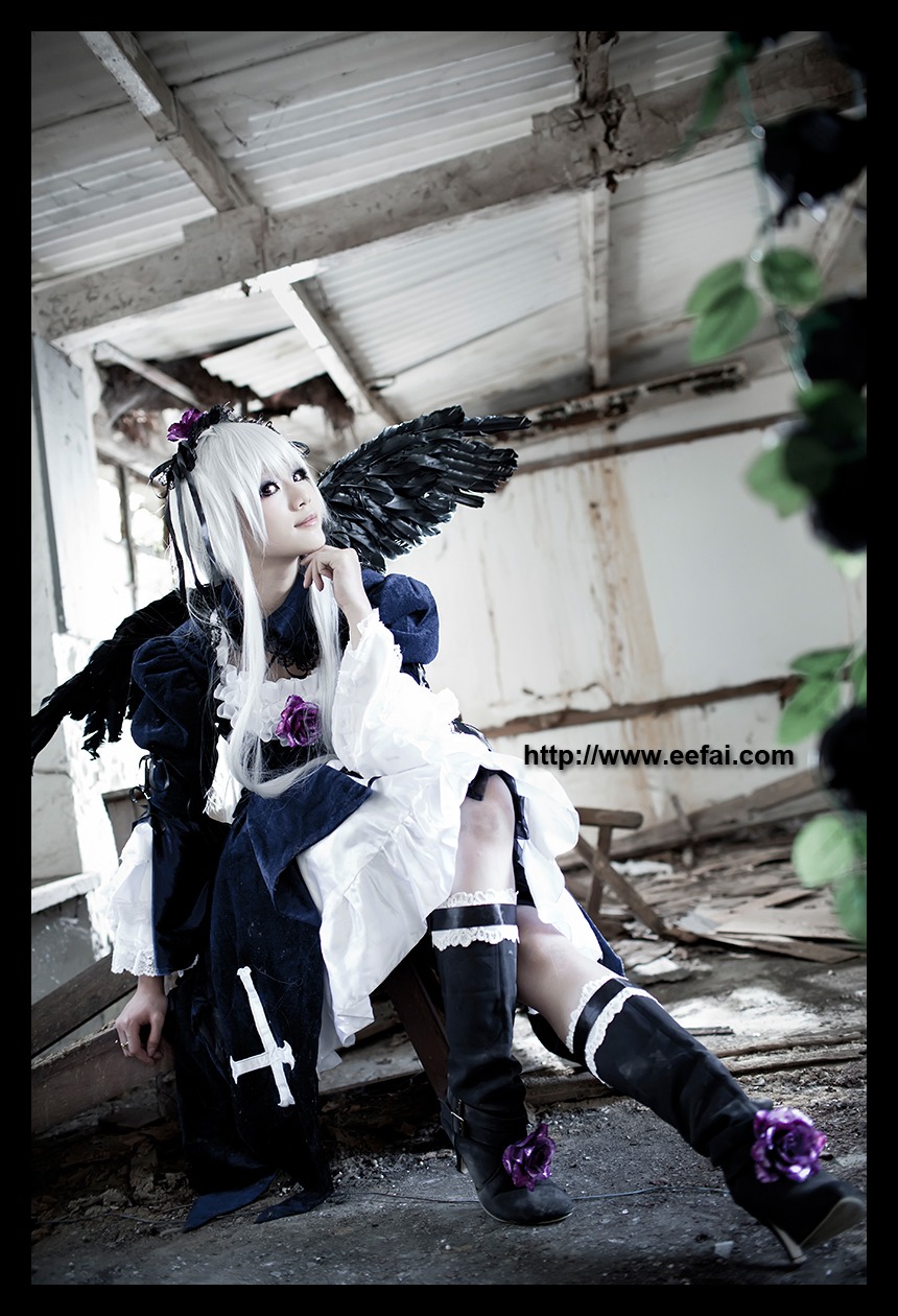 1girl auto_tagged black_border boots dress flower letterboxed long_hair sitting solo suigintou white_hair wings