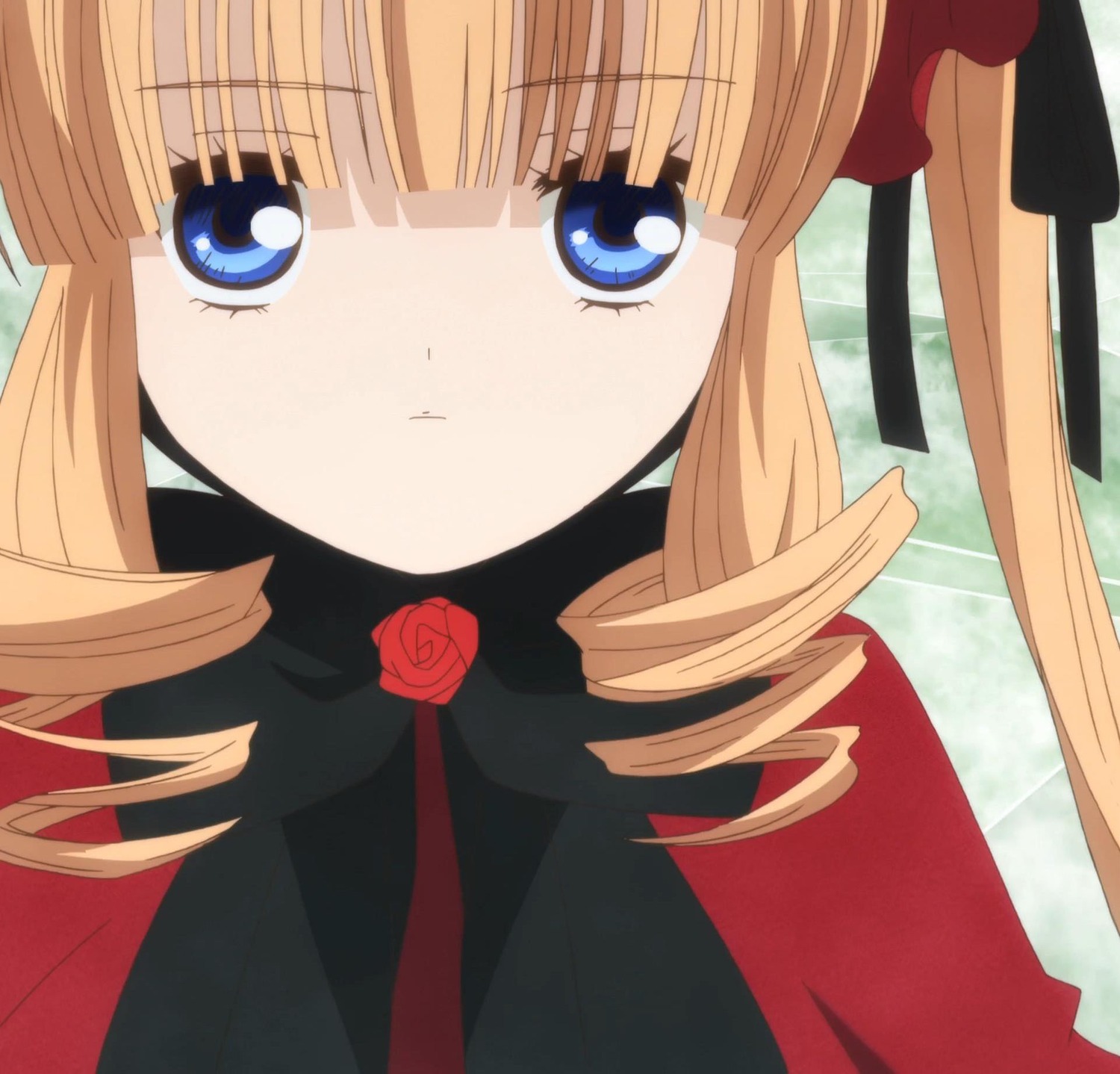 1girl blonde_hair blue_eyes bow drill_hair flower image long_hair looking_at_viewer red_flower red_rose ribbon ringlets rose shinku solo twin_drills