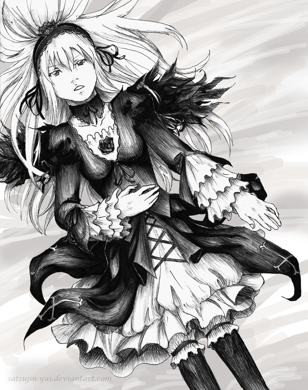 1girl auto_tagged dress frills greyscale hairband image long_hair long_sleeves looking_at_viewer monochrome ribbon solo suigintou