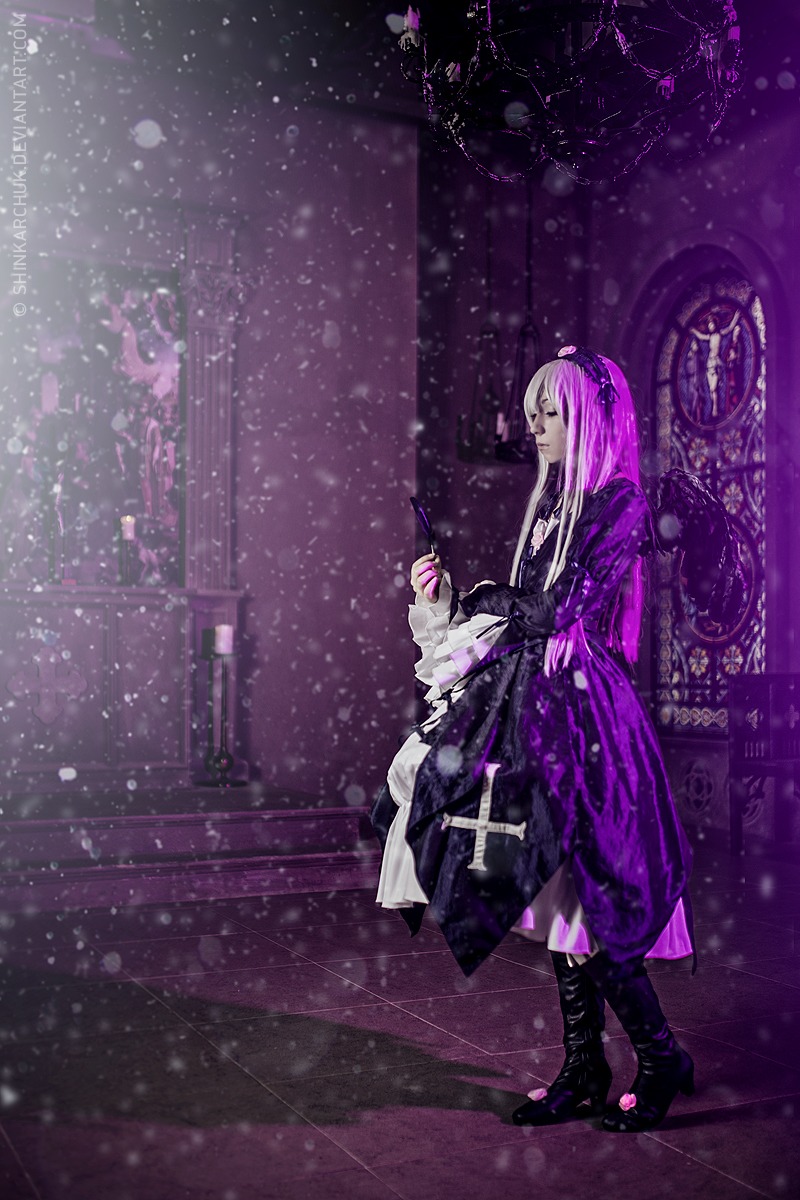 1girl boots cross dress hairband long_hair profile purple_eyes purple_hair purple_theme solo standing star_(symbol) suigintou